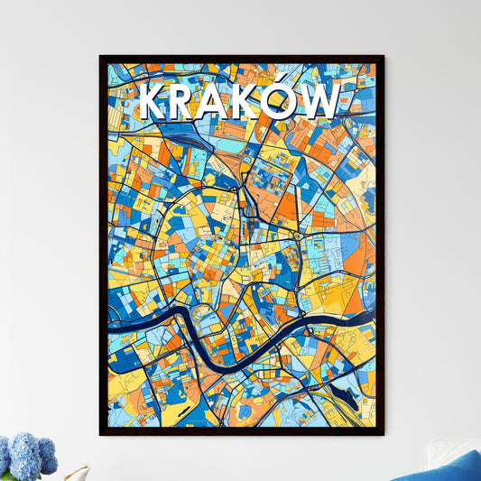 KRAKÓW POLAND Vibrant Colorful Art Map Poster Blue Orange