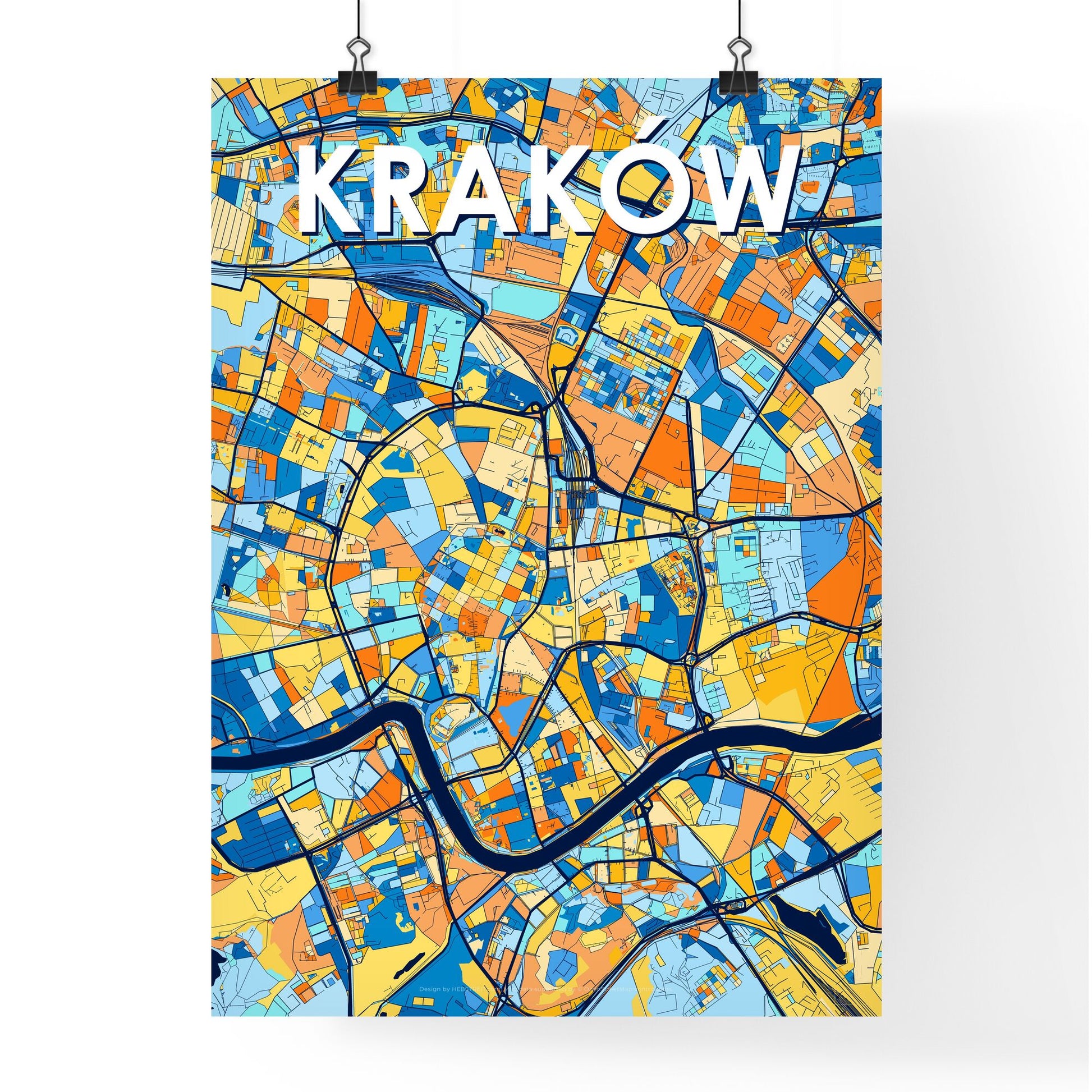 KRAKÓW POLAND Vibrant Colorful Art Map Poster Blue Orange