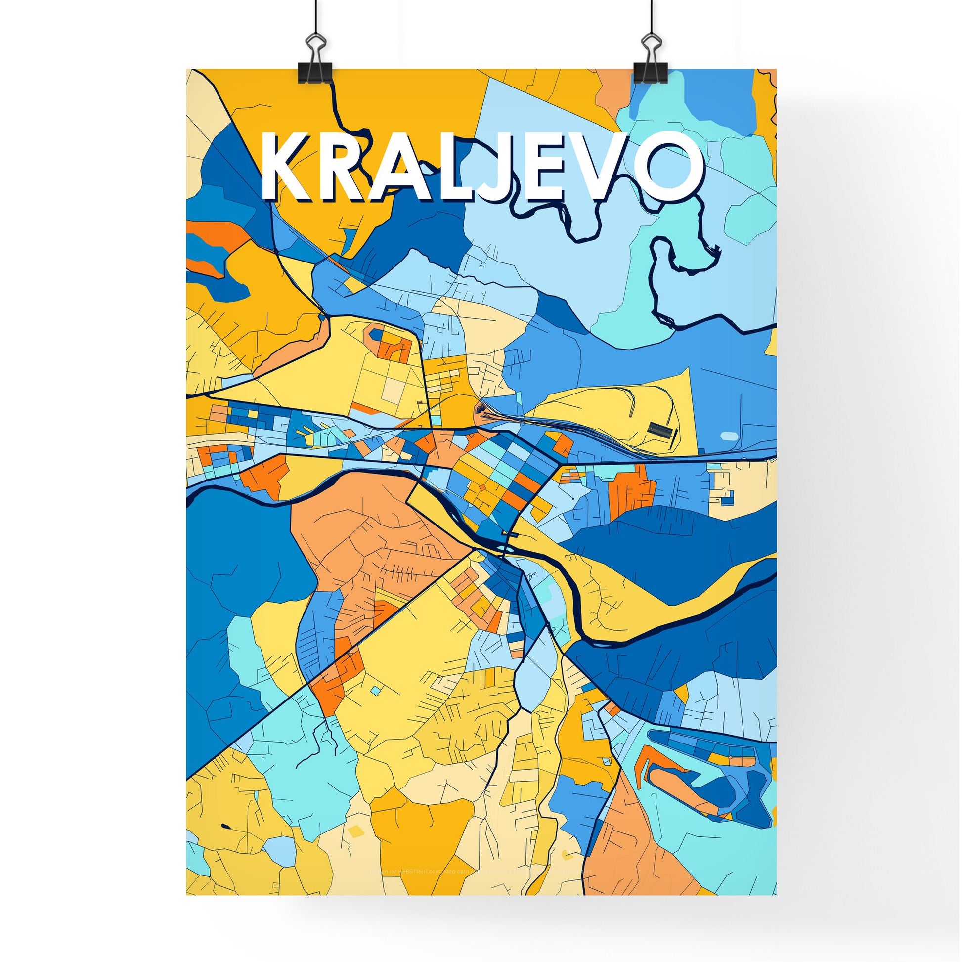 KRALJEVO SERBIA Vibrant Colorful Art Map Poster Blue Orange