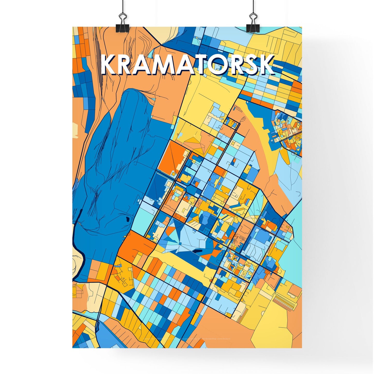 KRAMATORSK UKRAINE Vibrant Colorful Art Map Poster Blue Orange