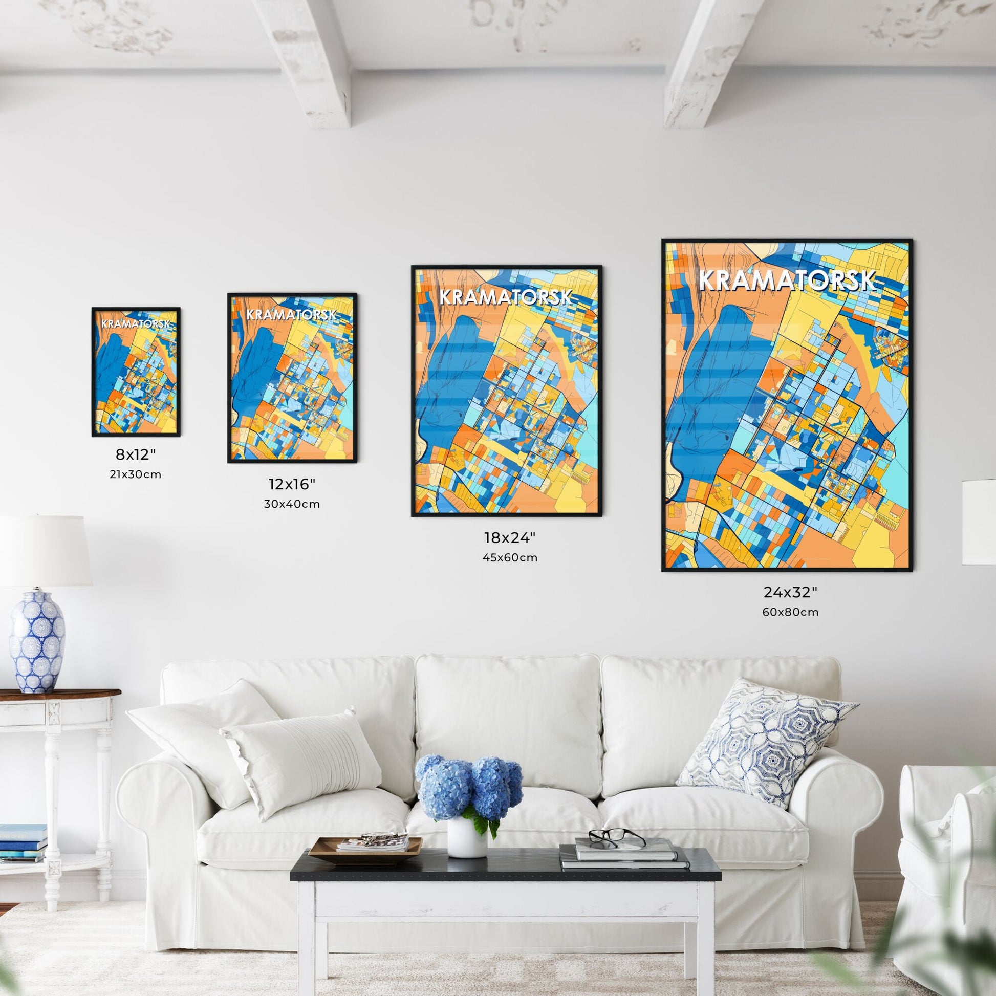 KRAMATORSK UKRAINE Vibrant Colorful Art Map Poster Blue Orange