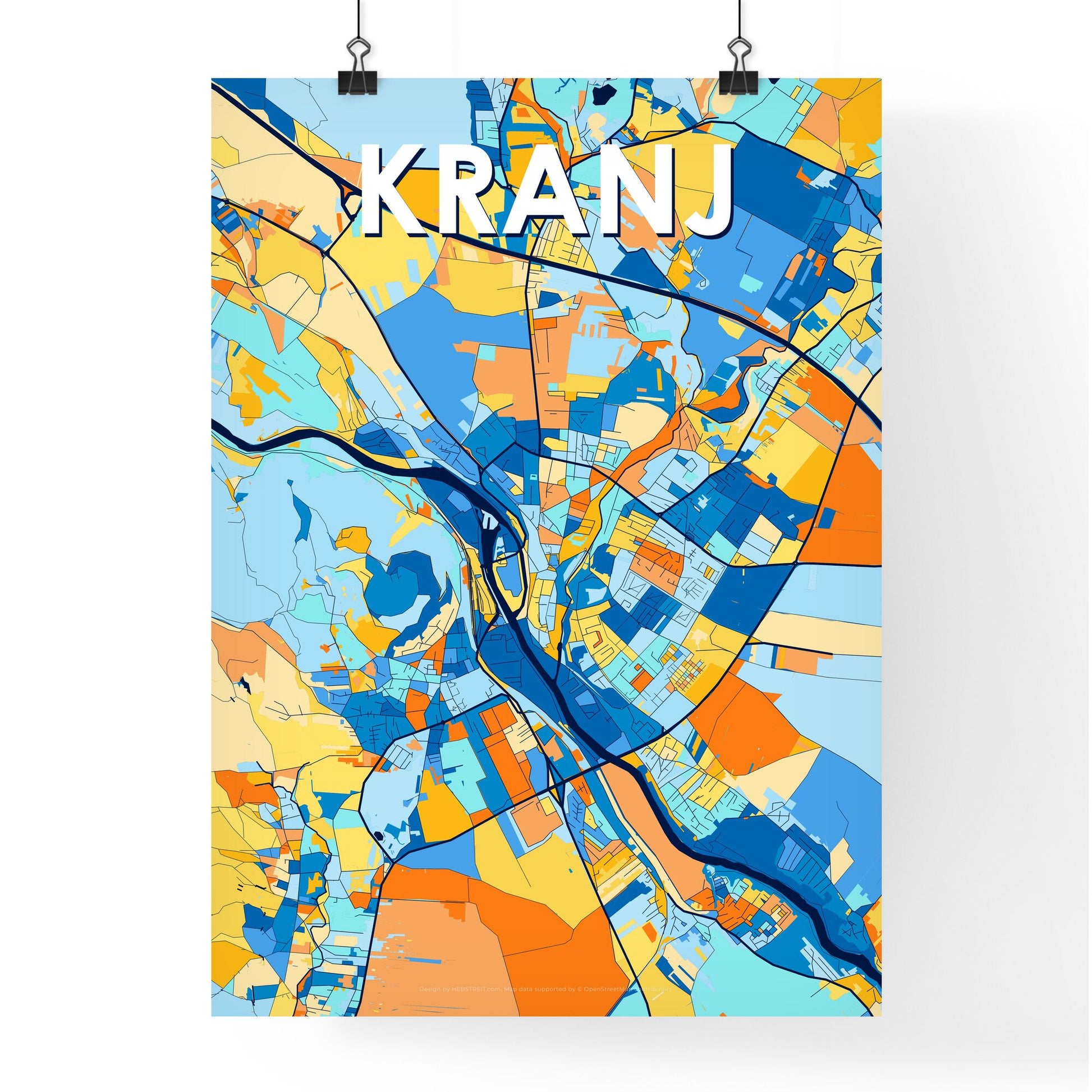 KRANJ SLOVENIA Vibrant Colorful Art Map Poster Blue Orange