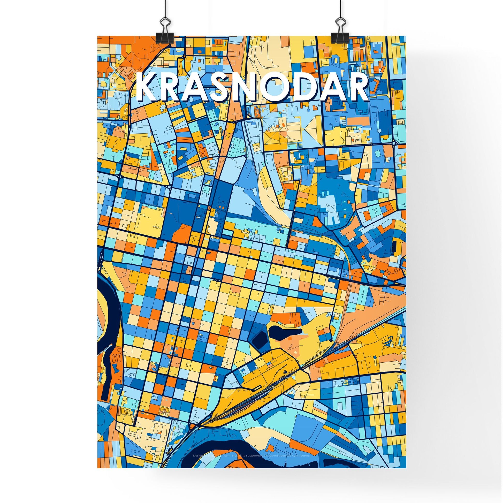 KRASNODAR RUSSIA Vibrant Colorful Art Map Poster Blue Orange