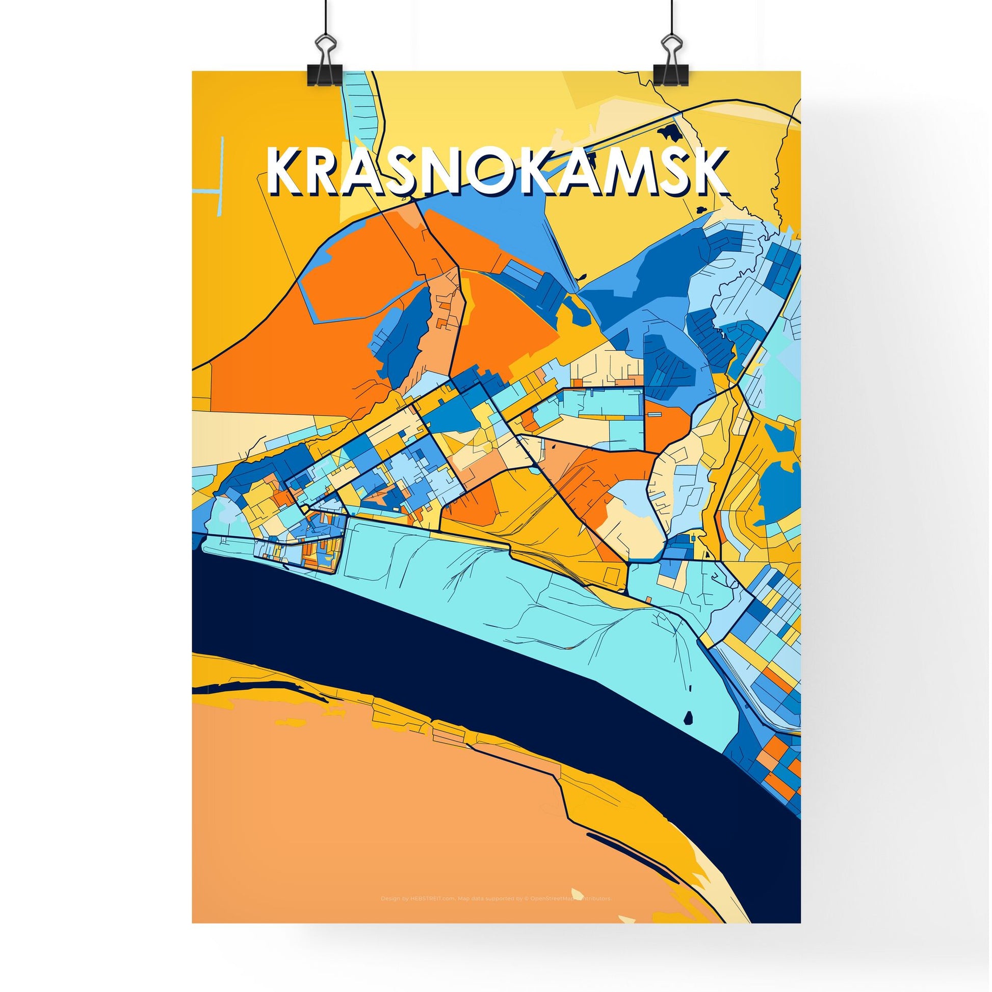 KRASNOKAMSK RUSSIA Vibrant Colorful Art Map Poster Blue Orange