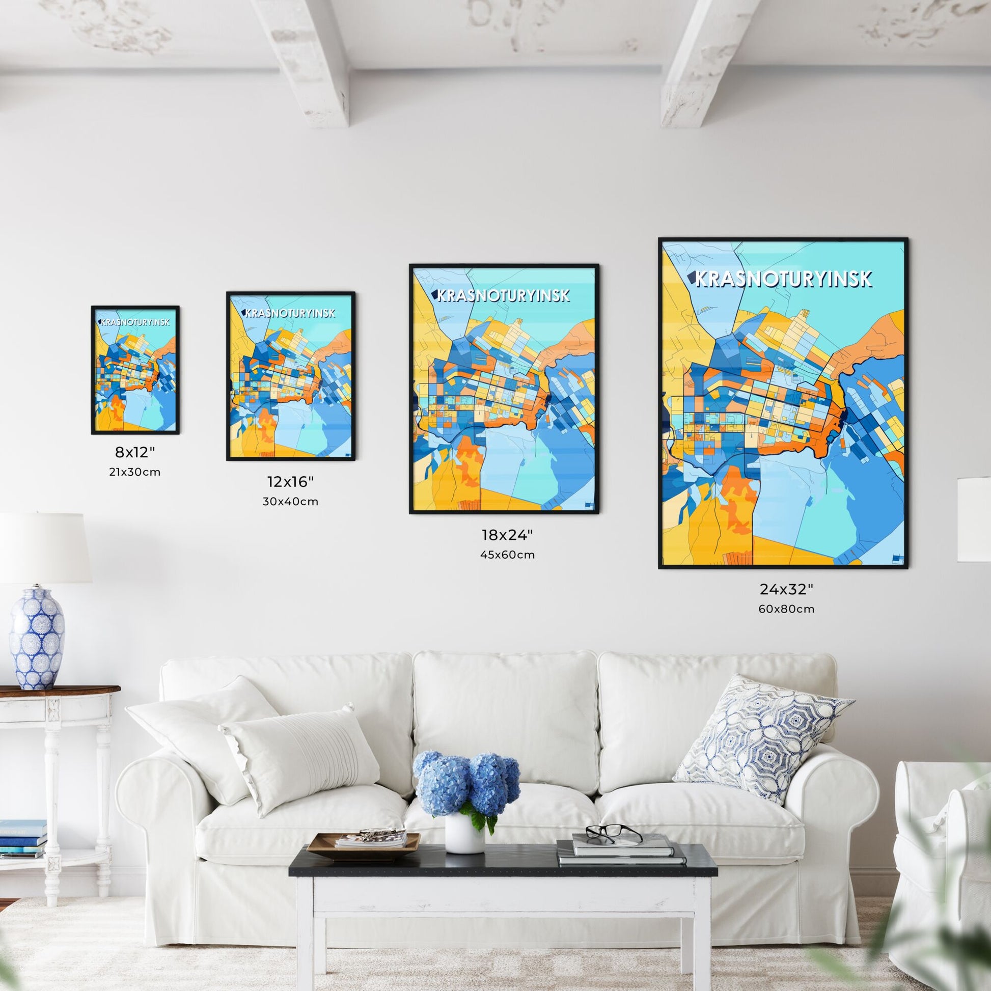 KRASNOTURYINSK RUSSIA Vibrant Colorful Art Map Poster Blue Orange