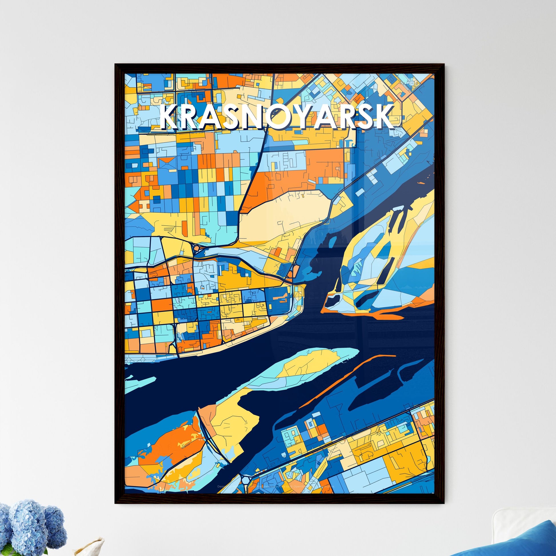 KRASNOYARSK RUSSIA Vibrant Colorful Art Map Poster Blue Orange