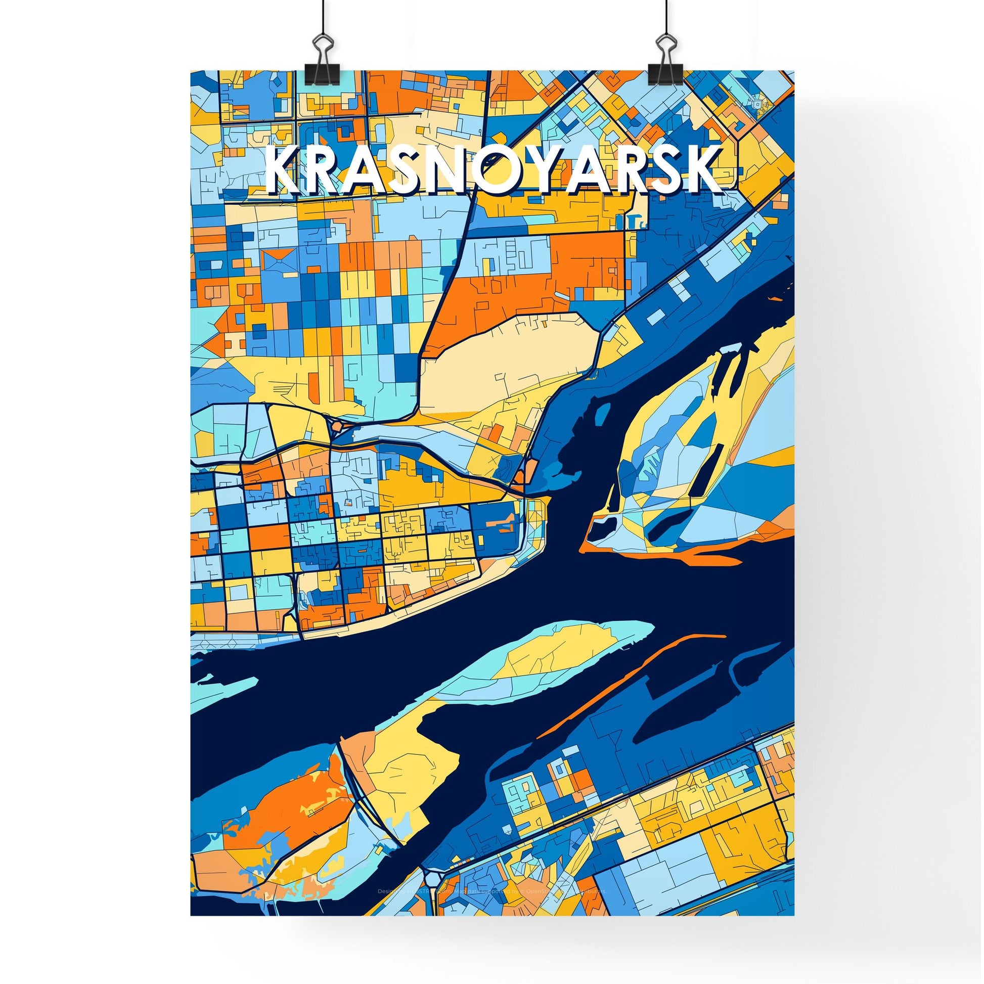 KRASNOYARSK RUSSIA Vibrant Colorful Art Map Poster Blue Orange