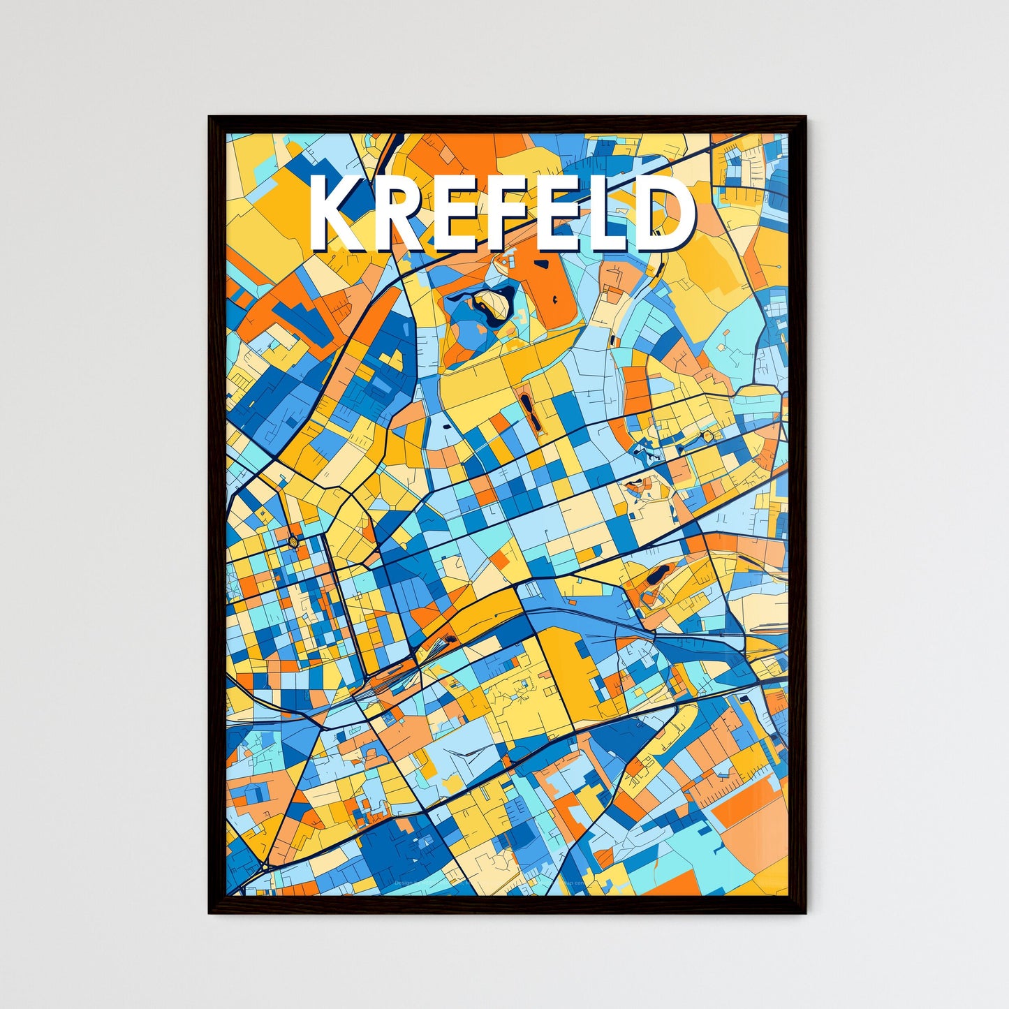 KREFELD GERMANY Vibrant Colorful Art Map Poster Blue Orange