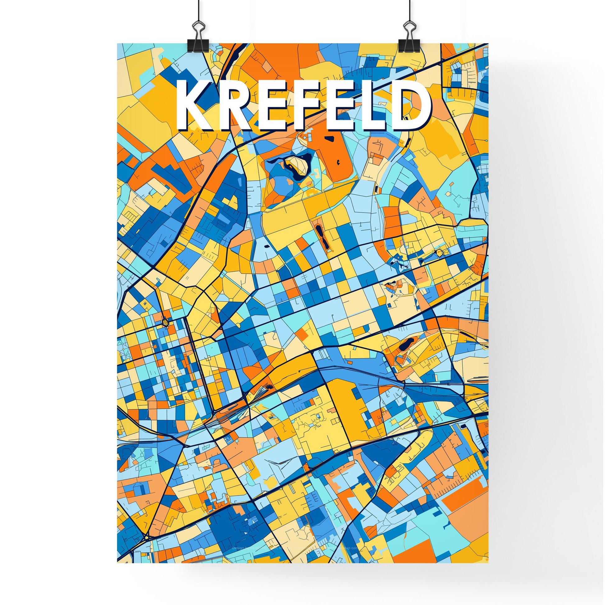 KREFELD GERMANY Vibrant Colorful Art Map Poster Blue Orange