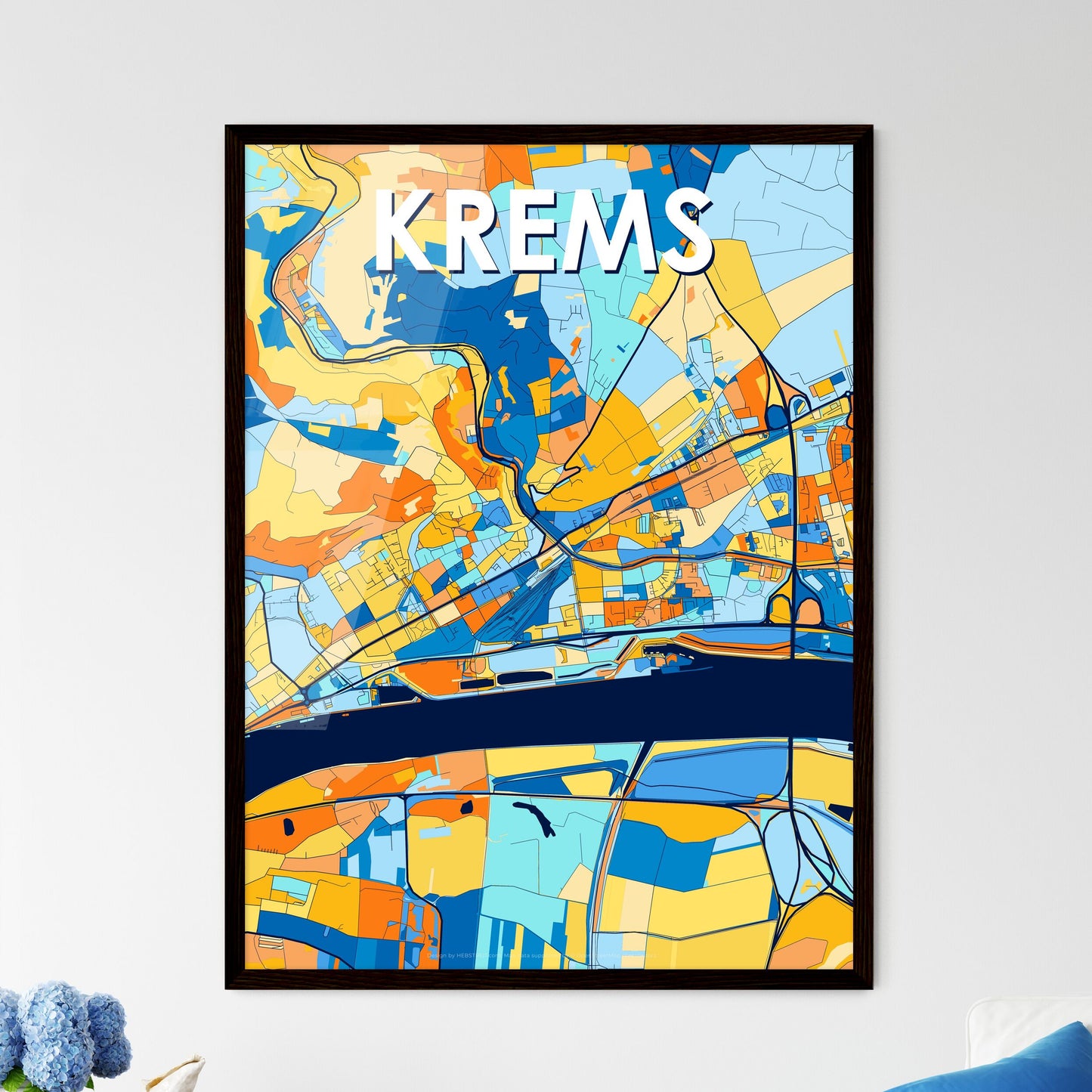 KREMS AUSTRIA Vibrant Colorful Art Map Poster Blue Orange