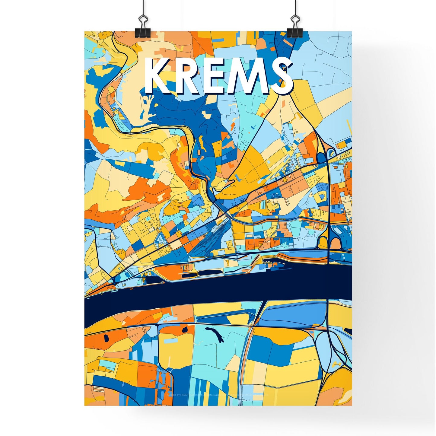 KREMS AUSTRIA Vibrant Colorful Art Map Poster Blue Orange