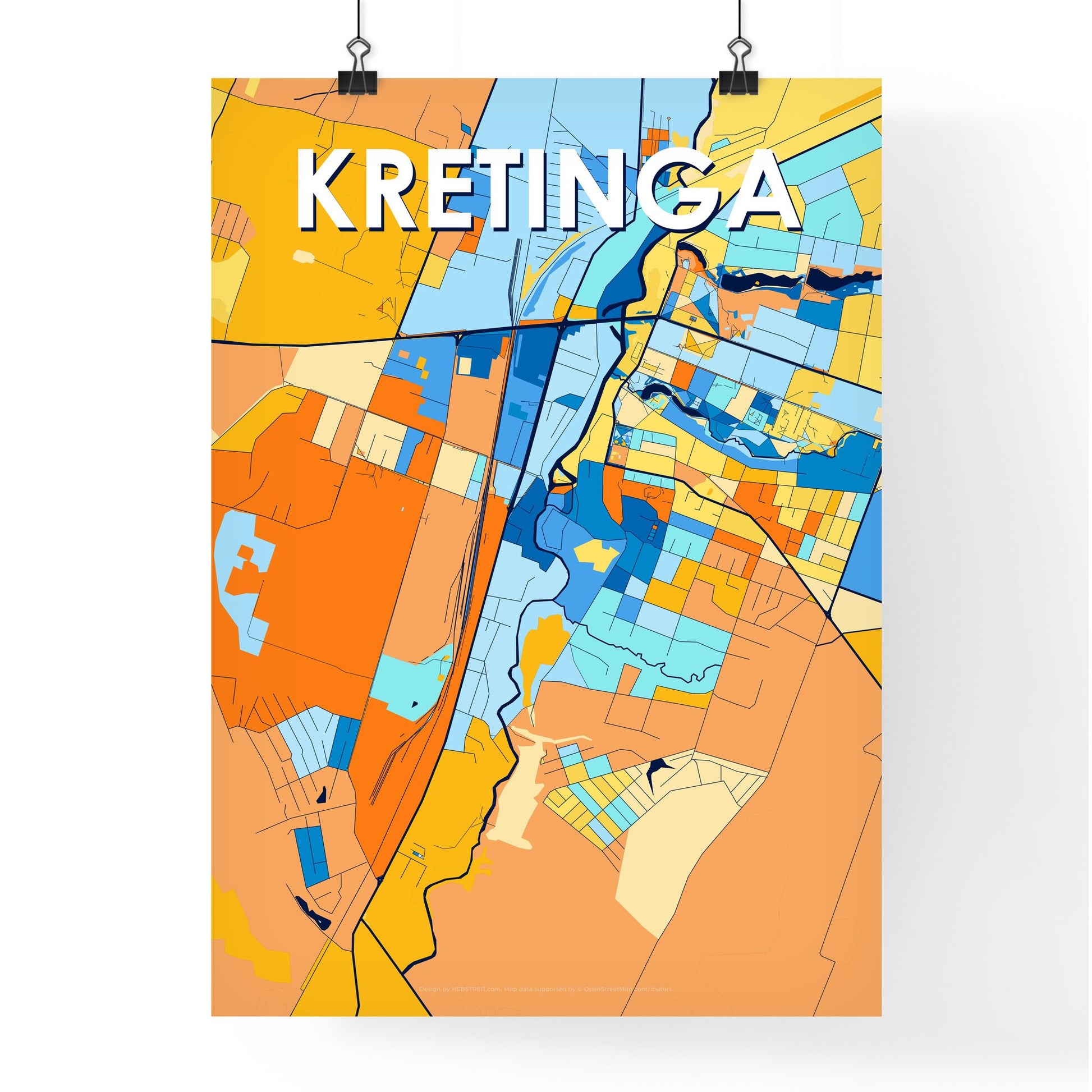 KRETINGA LITHUANIA Vibrant Colorful Art Map Poster Blue Orange