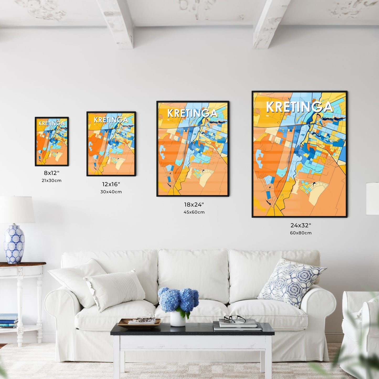 KRETINGA LITHUANIA Vibrant Colorful Art Map Poster Blue Orange