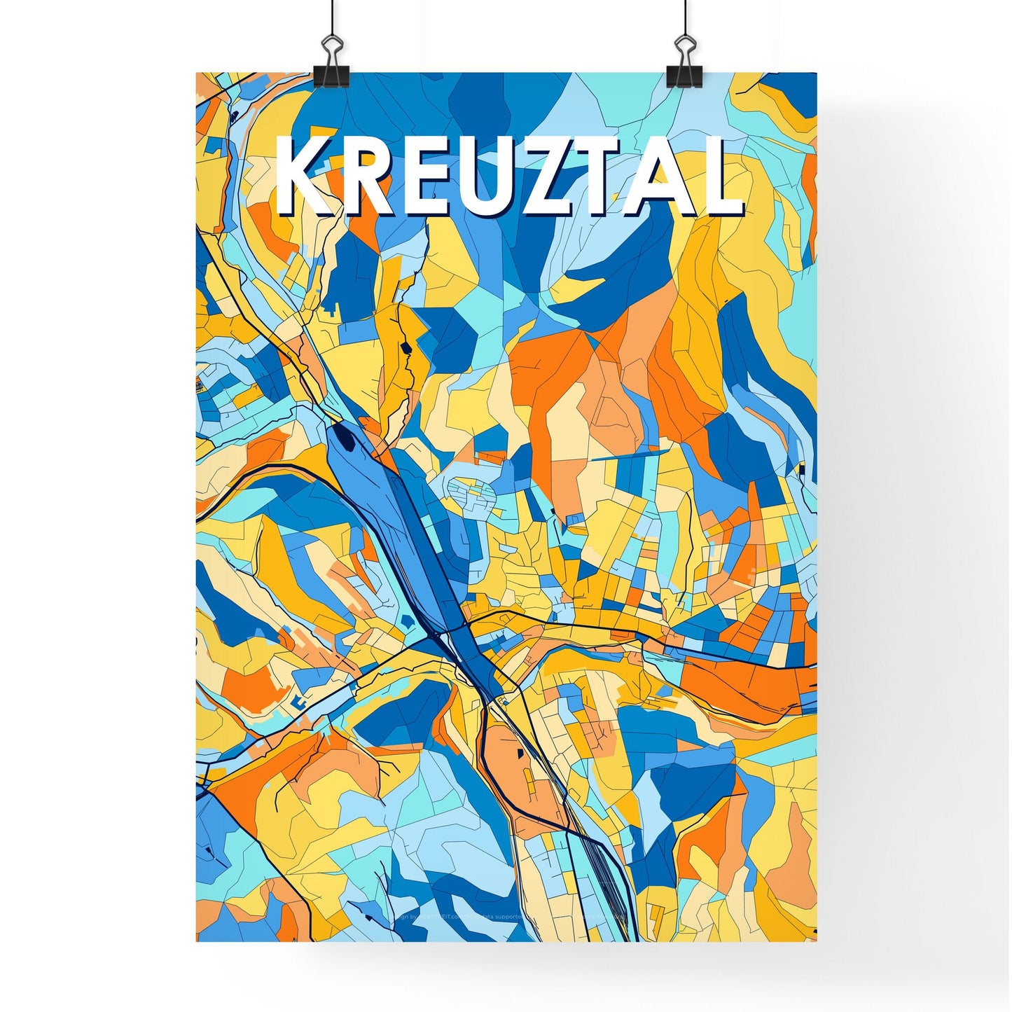 KREUZTAL GERMANY Vibrant Colorful Art Map Poster Blue Orange