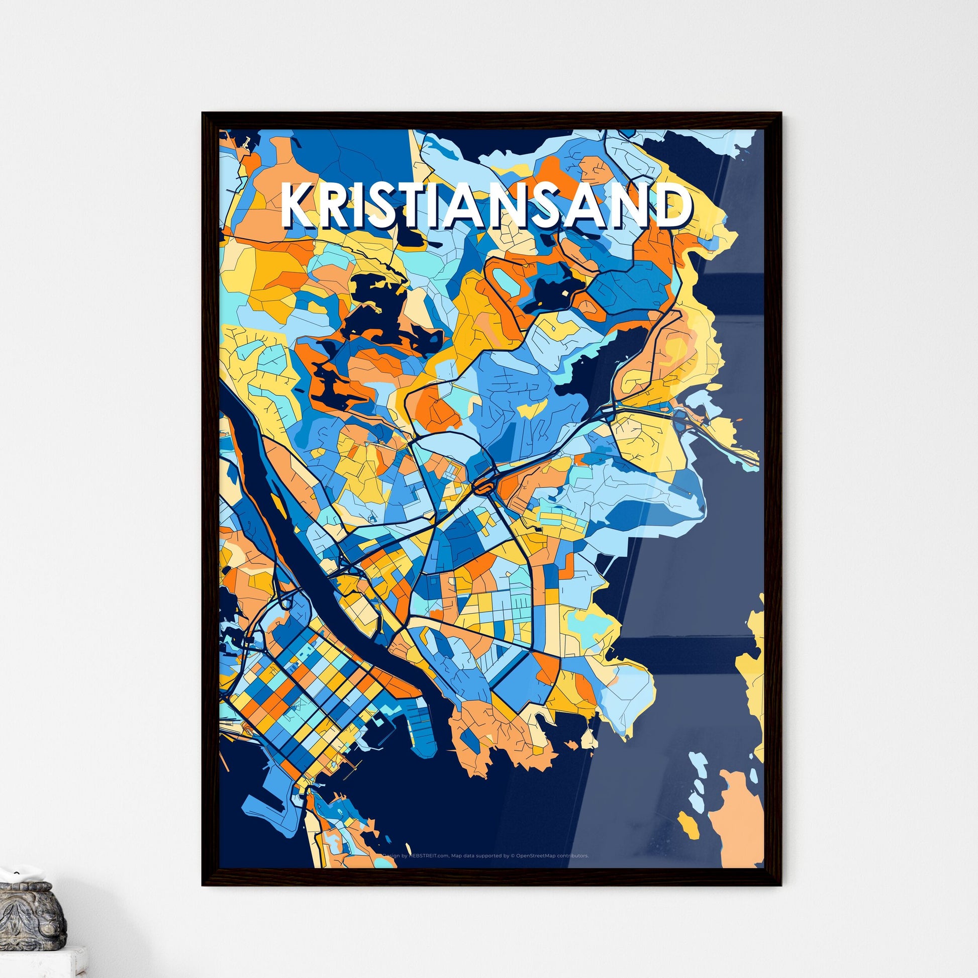 KRISTIANSAND NORWAY Vibrant Colorful Art Map Poster Blue Orange