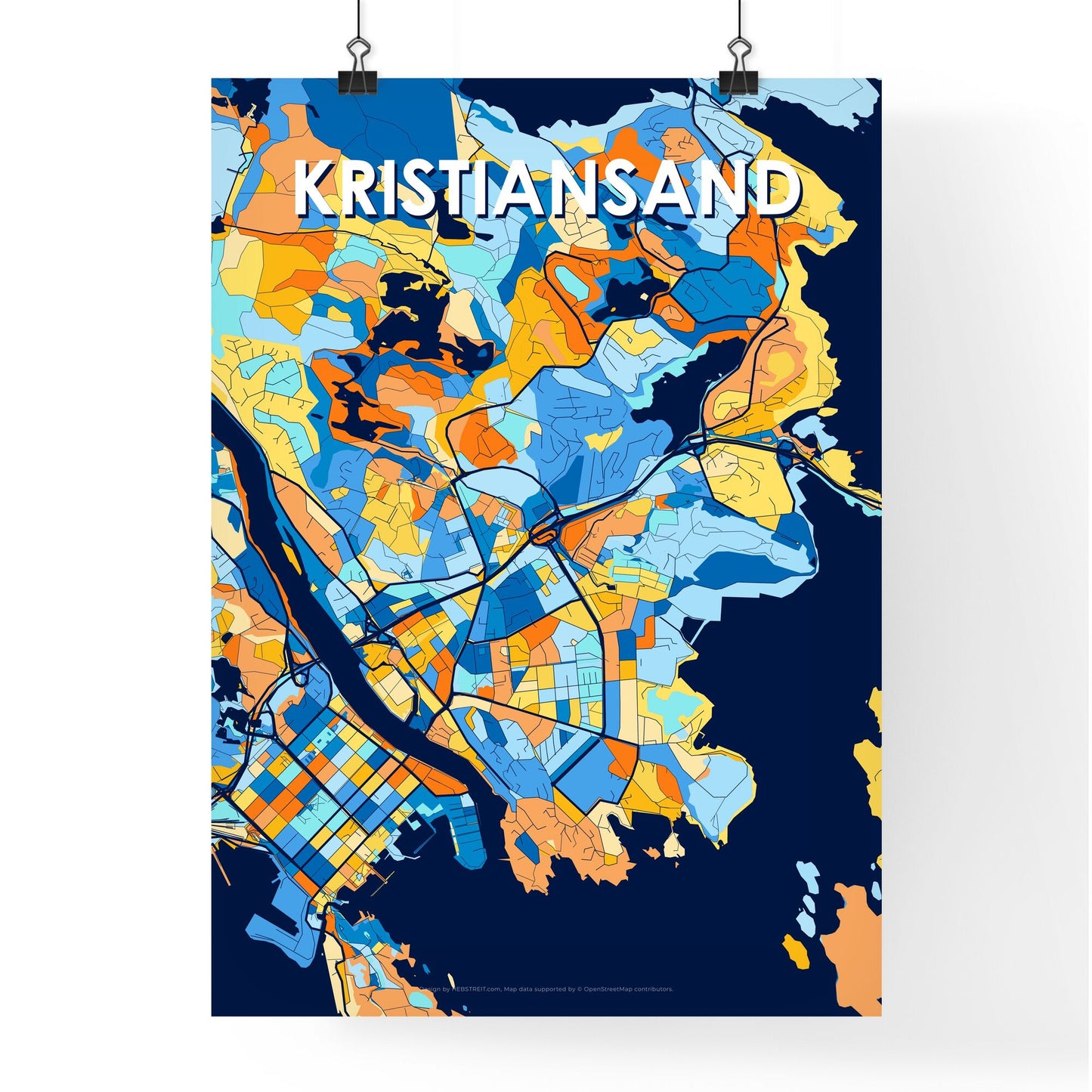 KRISTIANSAND NORWAY Vibrant Colorful Art Map Poster Blue Orange