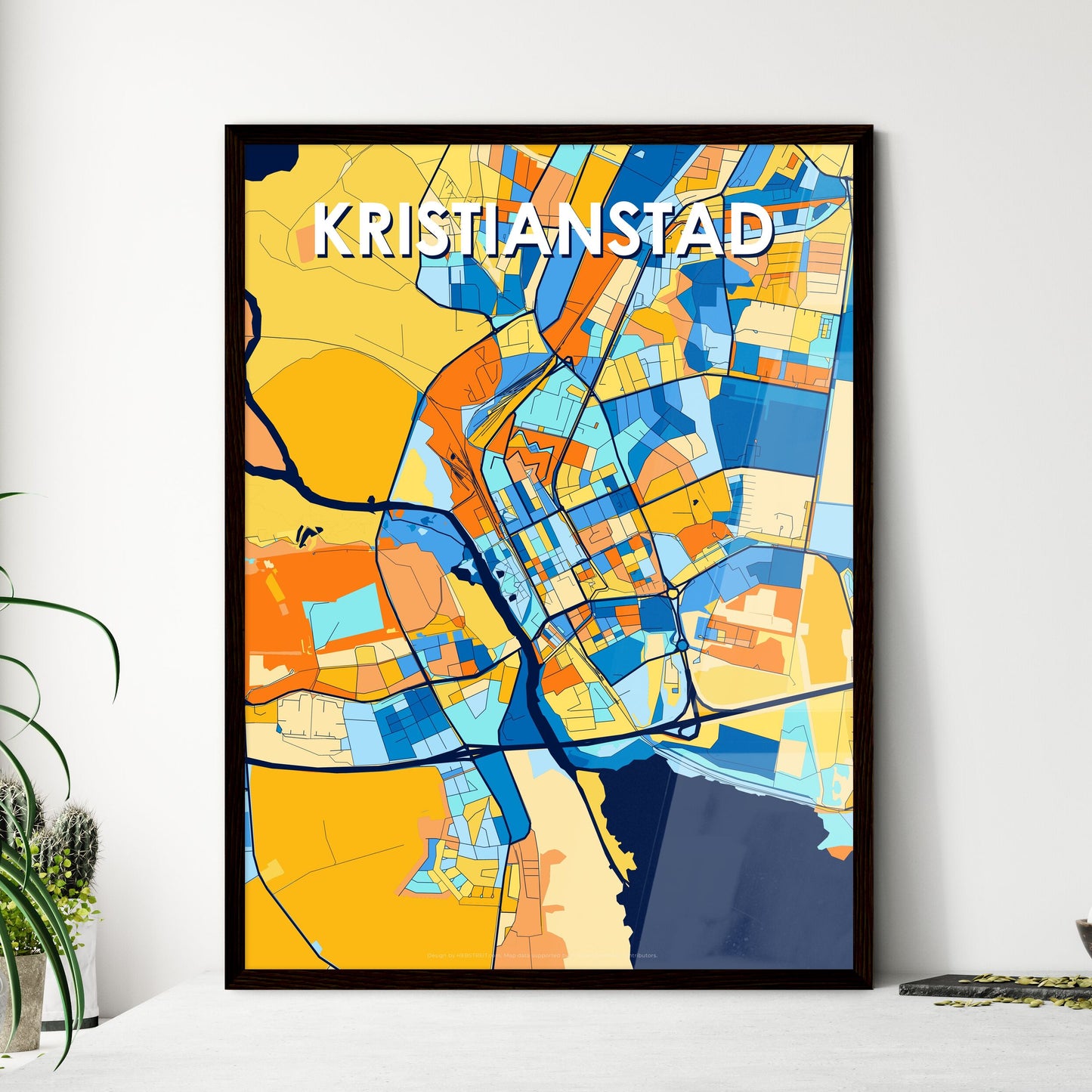 KRISTIANSTAD SWEDEN Vibrant Colorful Art Map Poster Blue Orange