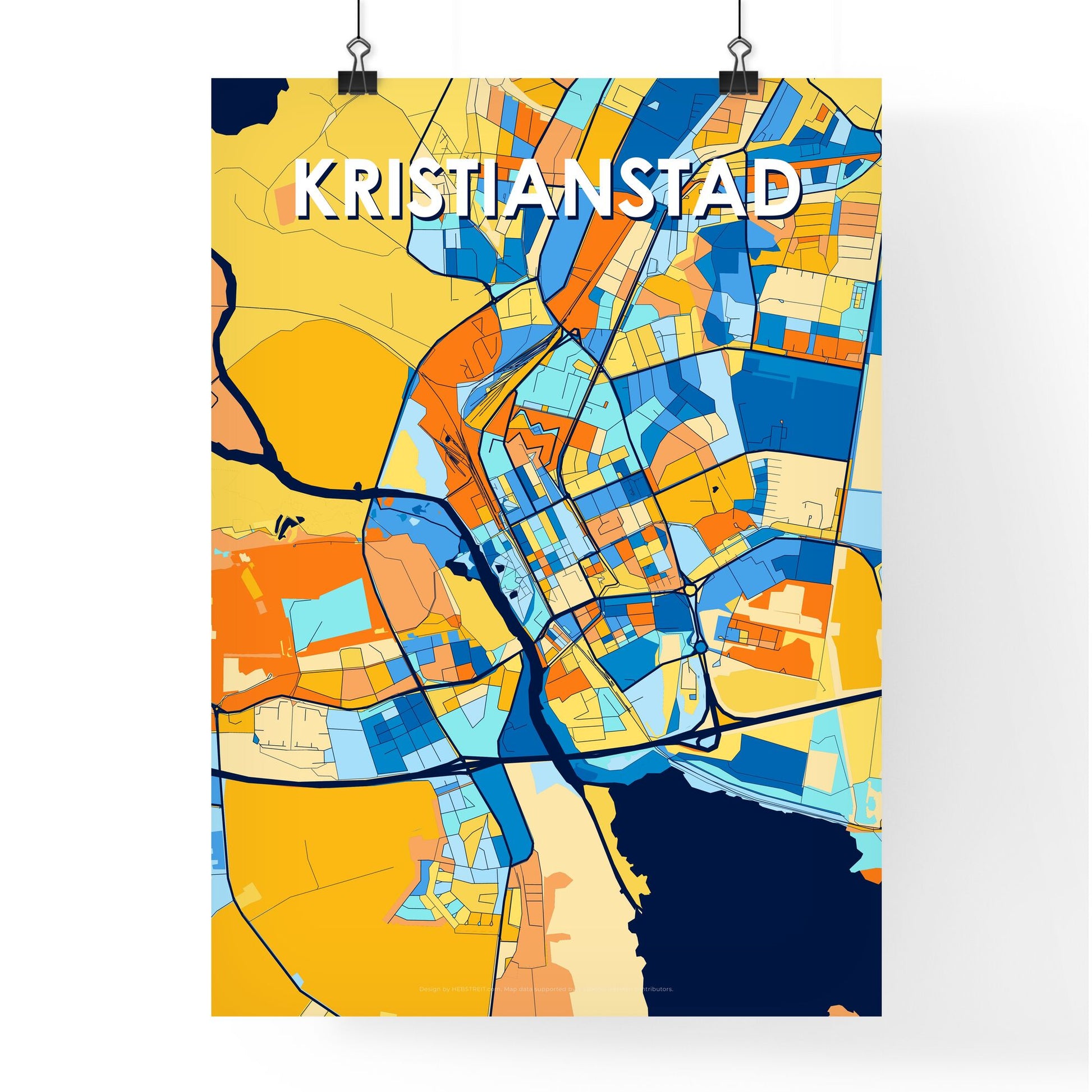 KRISTIANSTAD SWEDEN Vibrant Colorful Art Map Poster Blue Orange