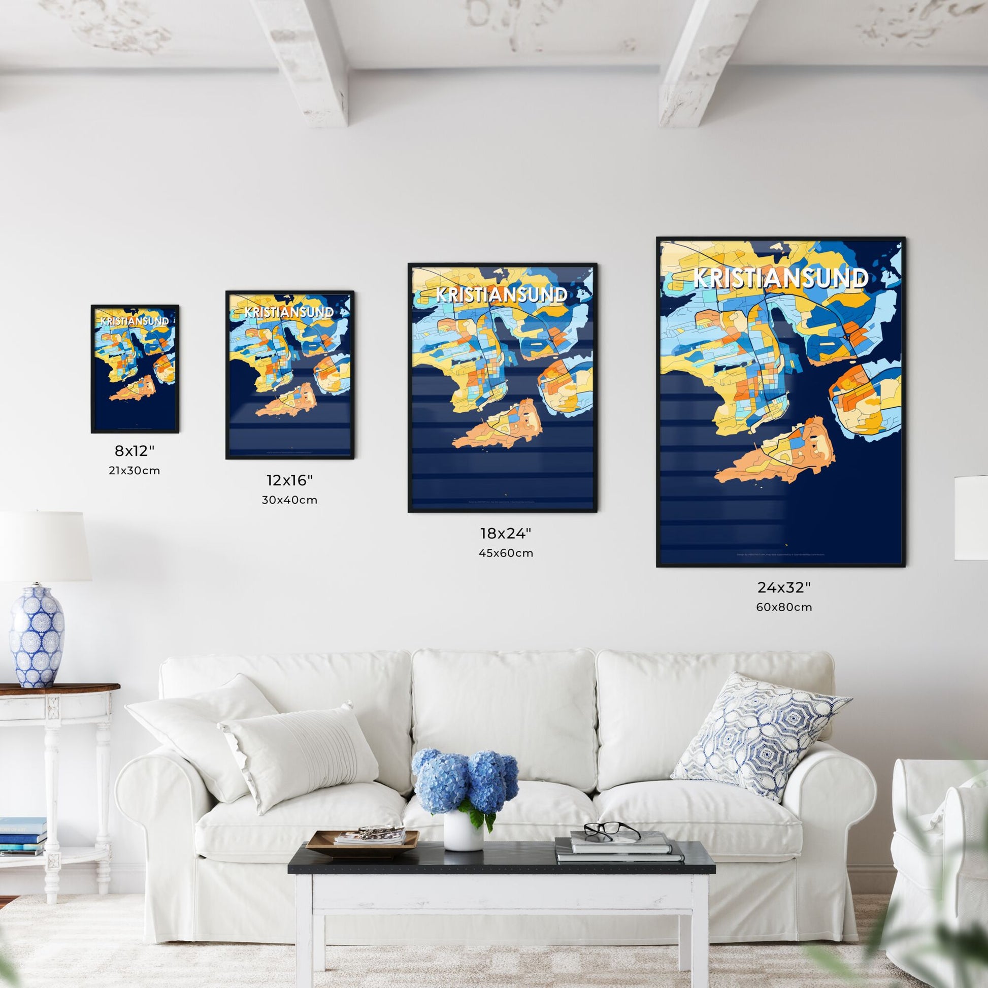 KRISTIANSUND NORWAY Vibrant Colorful Art Map Poster Blue Orange