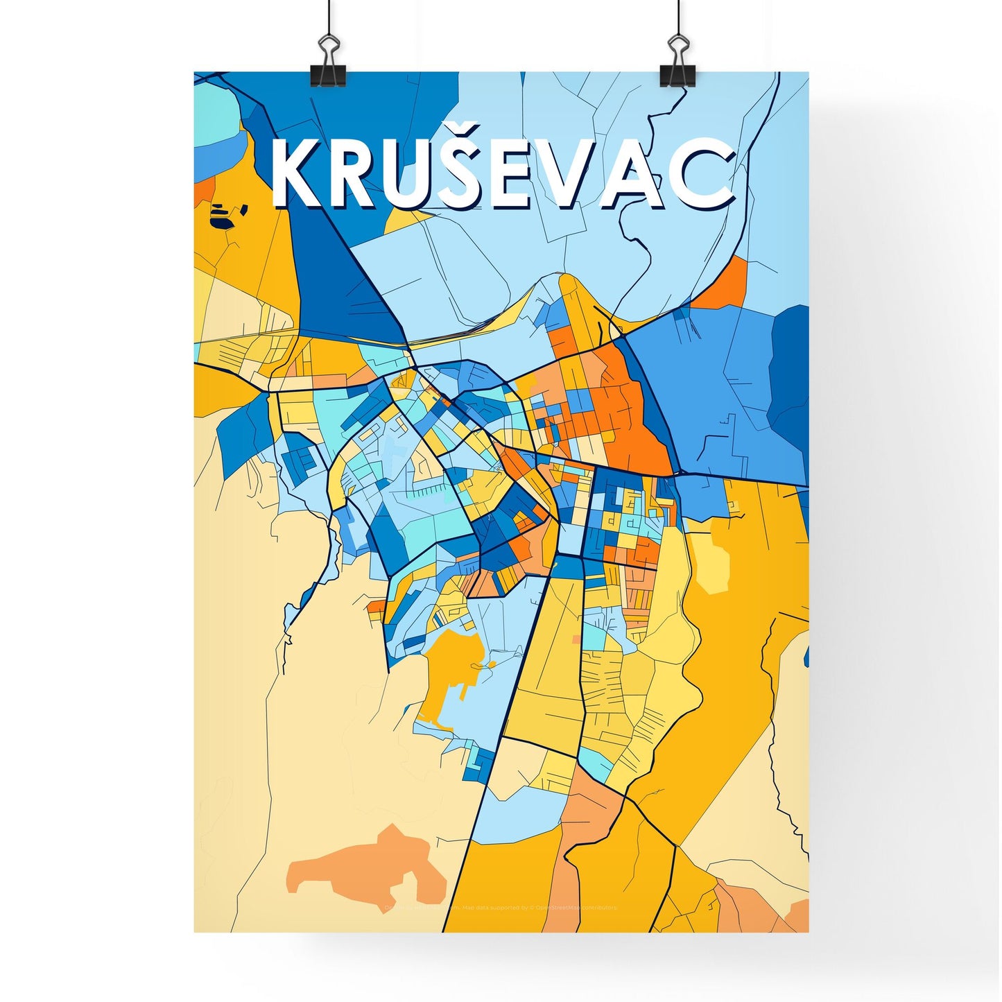 KRUŠEVAC SERBIA Vibrant Colorful Art Map Poster Blue Orange