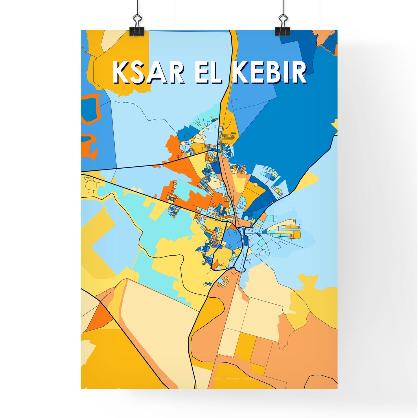 KSAR EL KEBIR MOROCCO Vibrant Colorful Art Map Poster Blue Orange