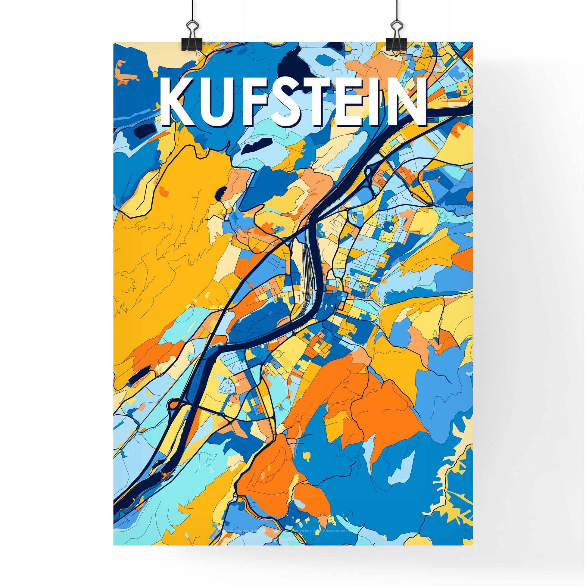 KUFSTEIN AUSTRIA Vibrant Colorful Art Map Poster Blue Orange