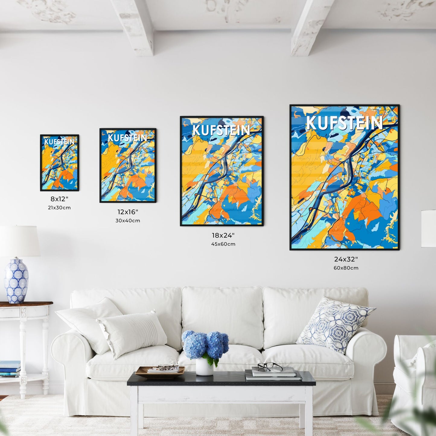 KUFSTEIN AUSTRIA Vibrant Colorful Art Map Poster Blue Orange