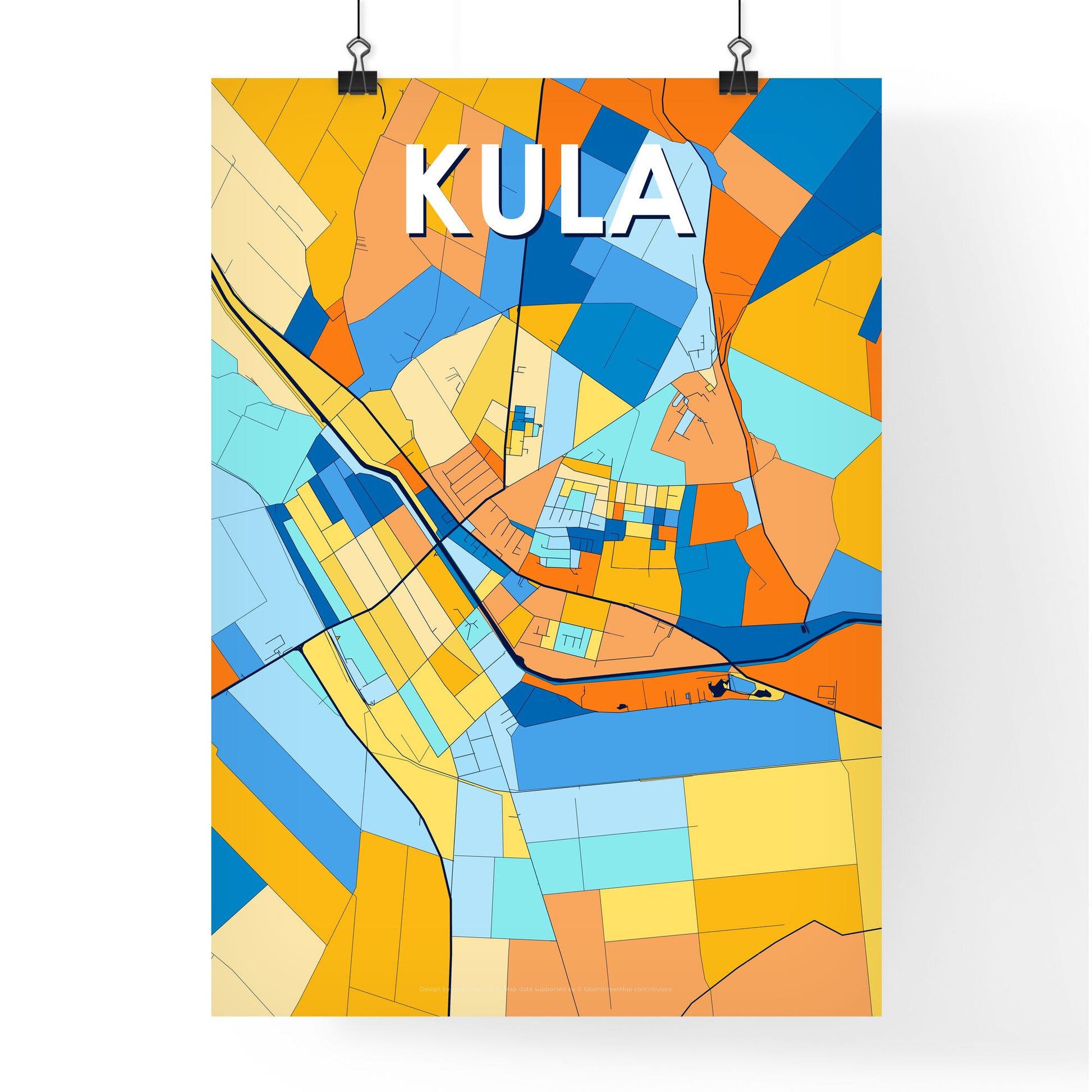 KULA SERBIA Vibrant Colorful Art Map Poster Blue Orange