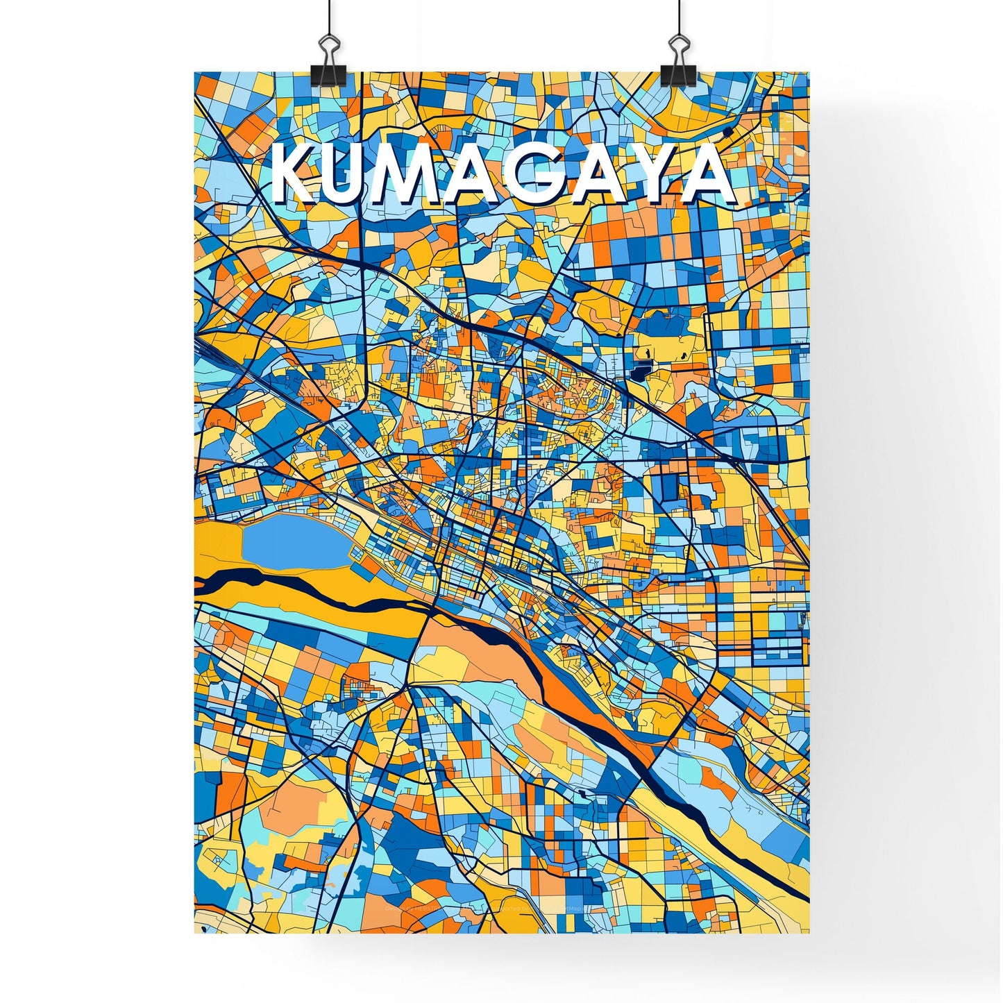 KUMAGAYA JAPAN Vibrant Colorful Art Map Poster Blue Orange