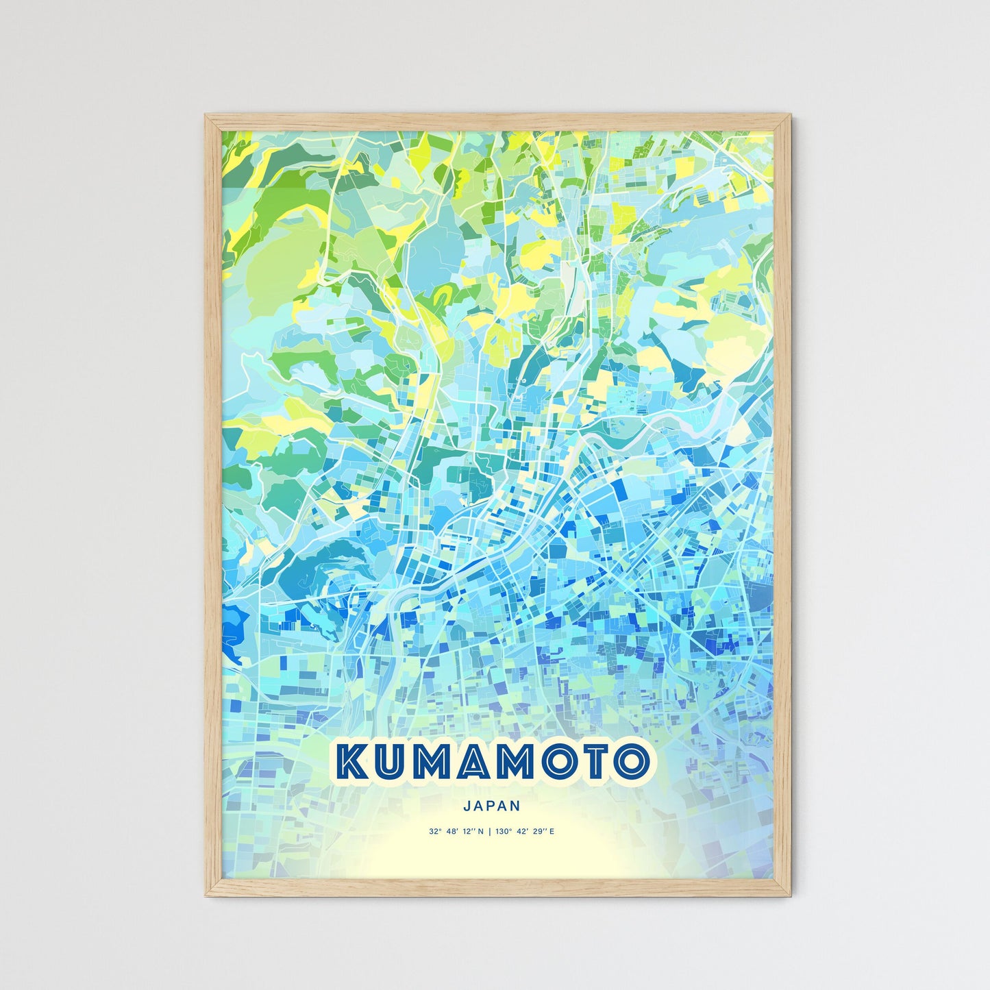 Colorful Kumamoto Japan Fine Art Map Cool Blue