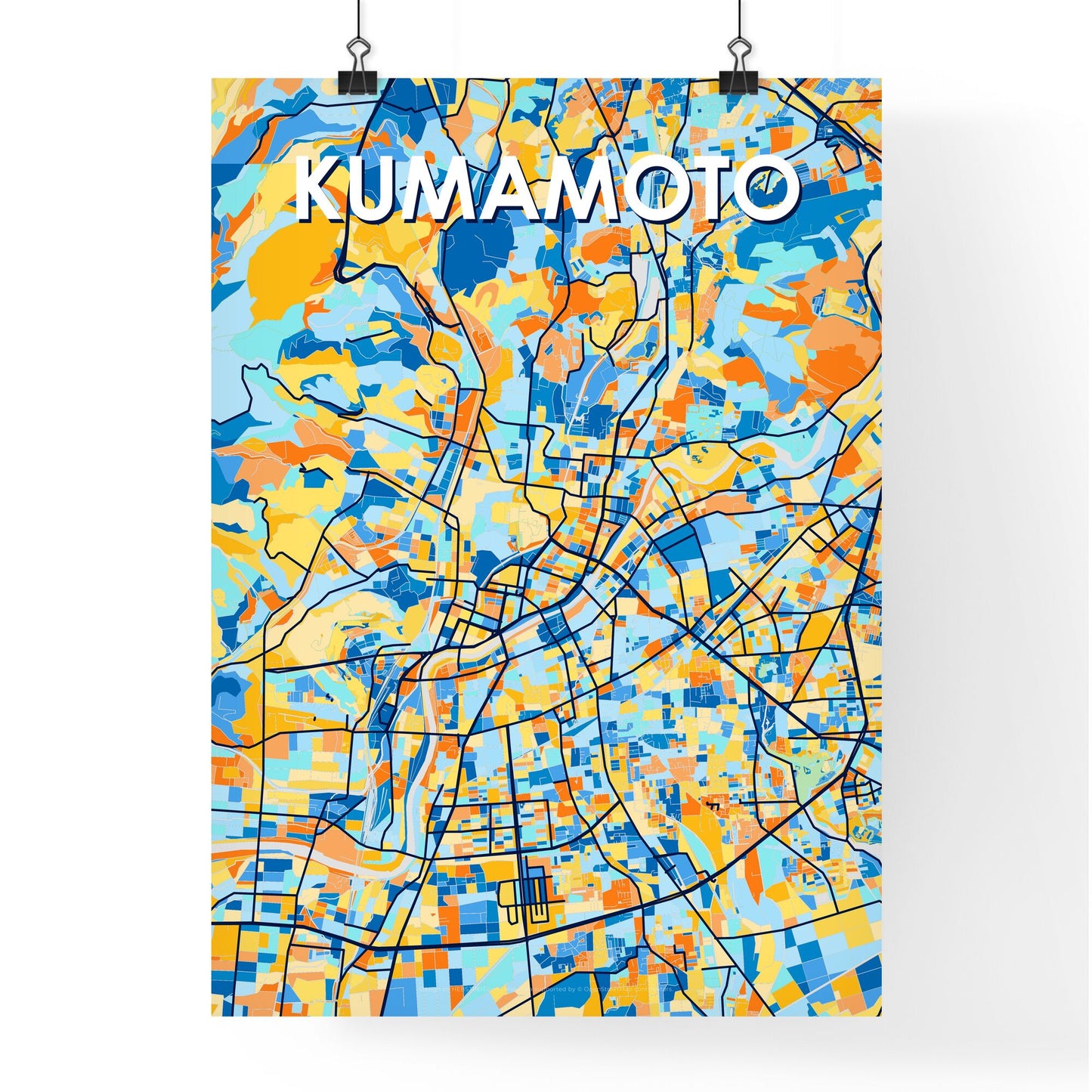 KUMAMOTO JAPAN Vibrant Colorful Art Map Poster Blue Orange