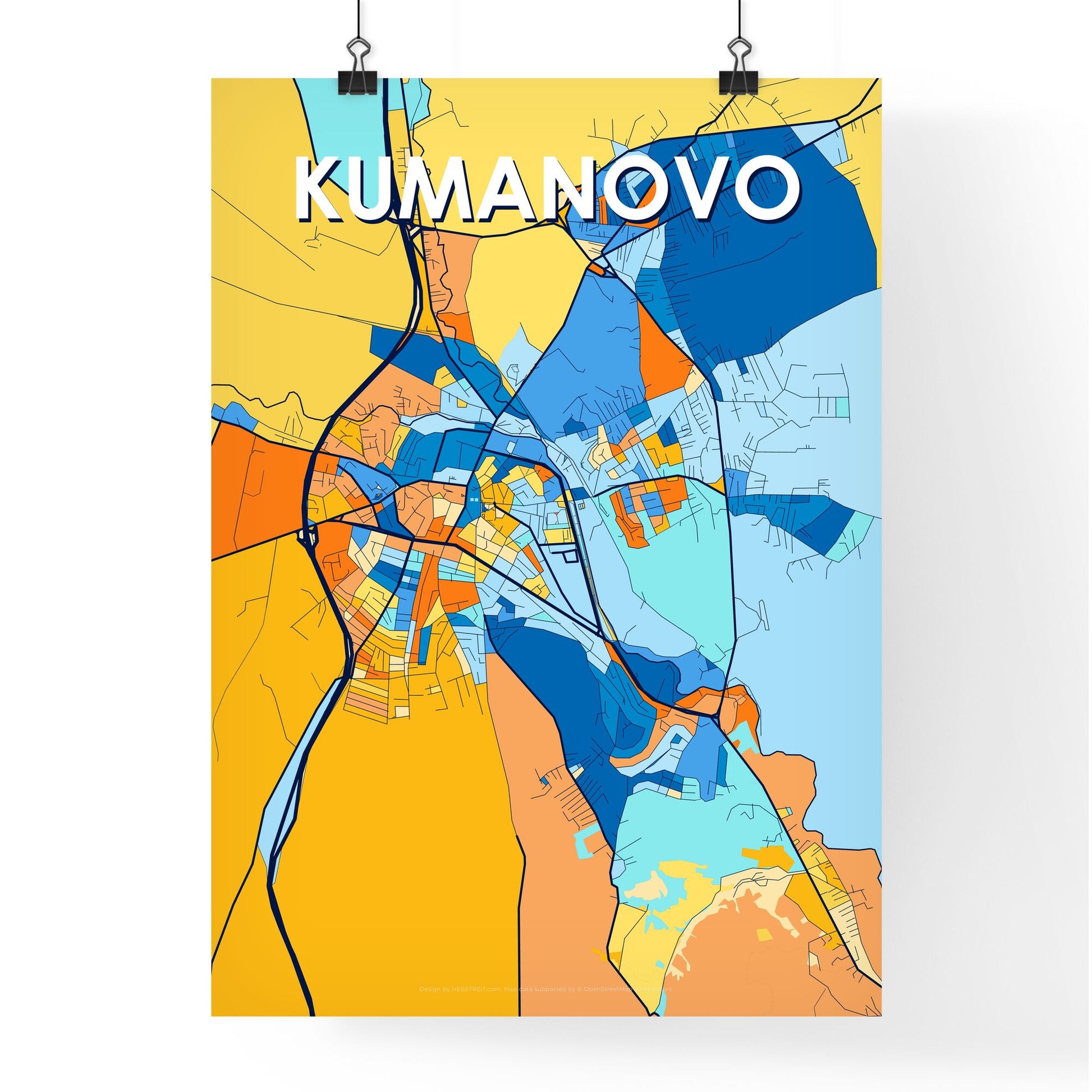 KUMANOVO NORTH MACEDONIA Vibrant Colorful Art Map Poster Blue Orange