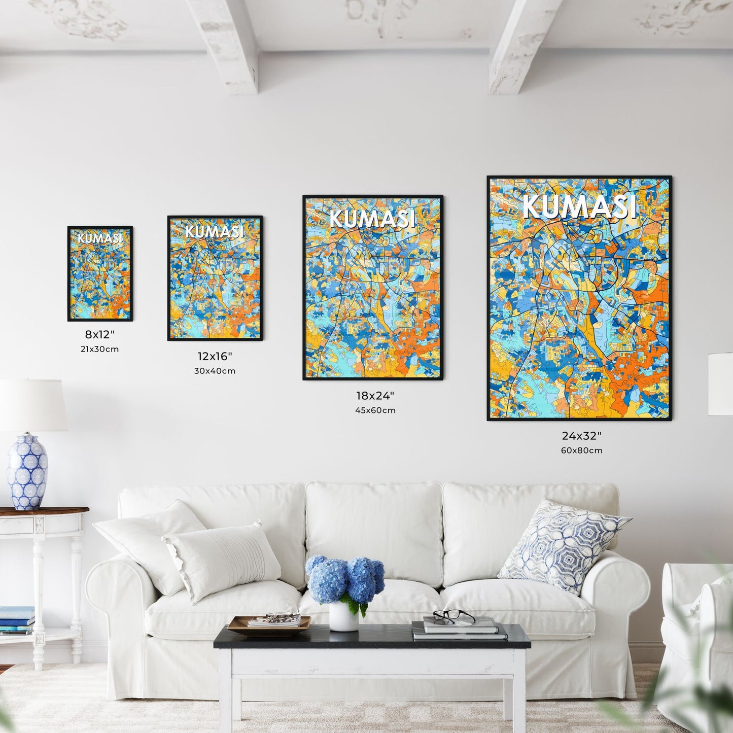 KUMASI GHANA Vibrant Colorful Art Map Poster Blue Orange