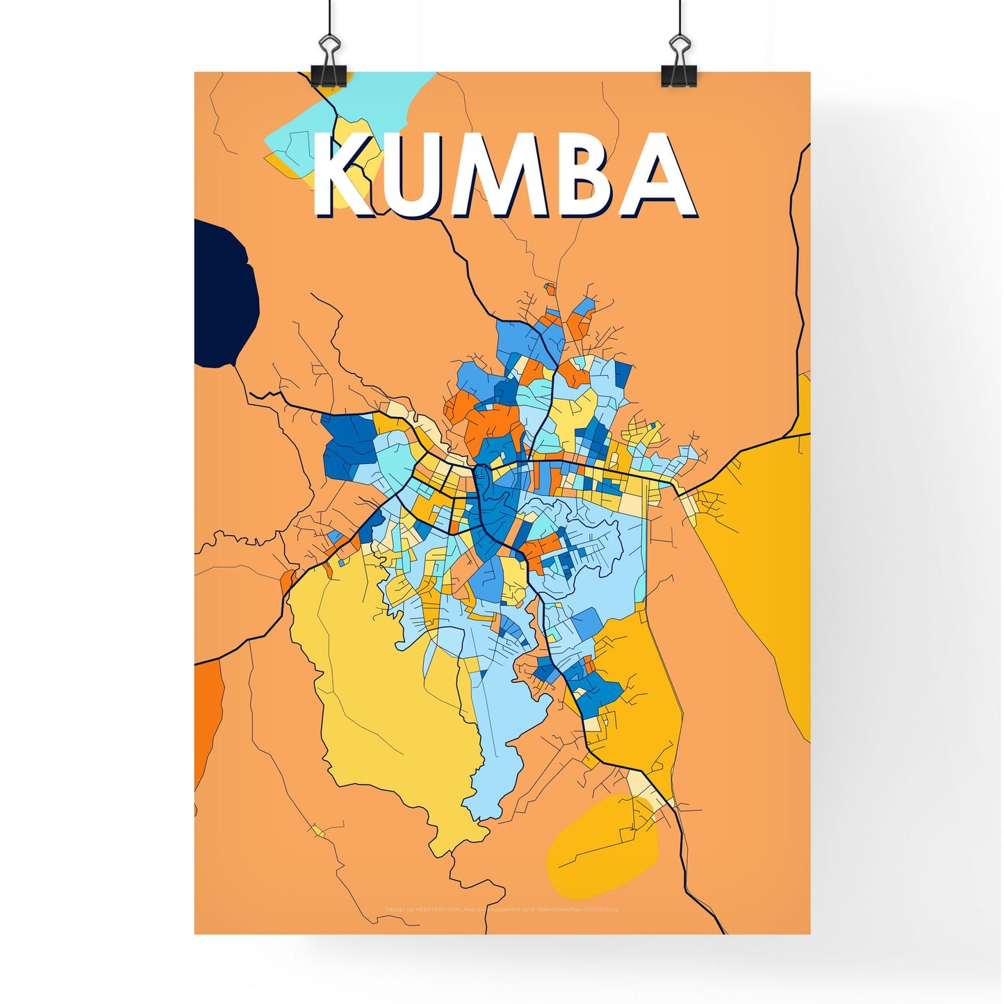 KUMBA CAMEROON Vibrant Colorful Art Map Poster Blue Orange