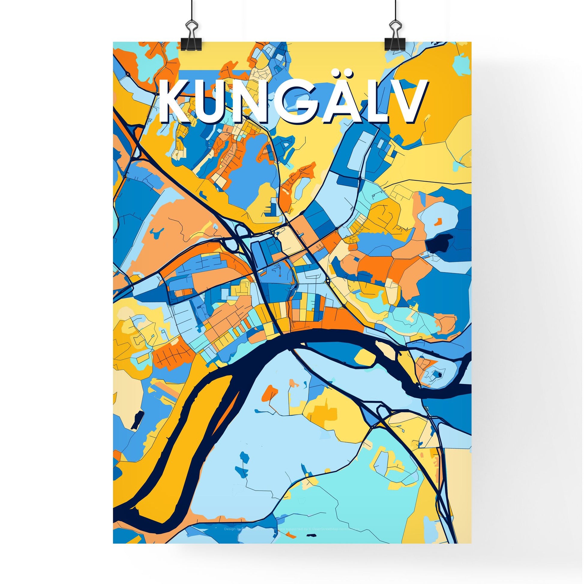 KUNGÄLV SWEDEN Vibrant Colorful Art Map Poster Blue Orange