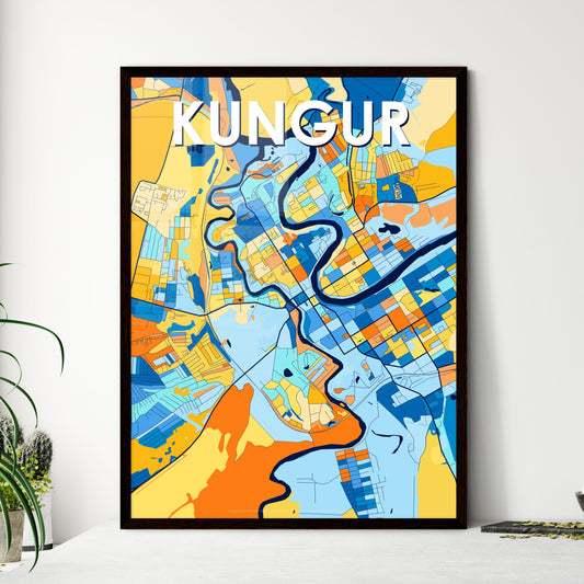 KUNGUR RUSSIA Vibrant Colorful Art Map Poster Blue Orange