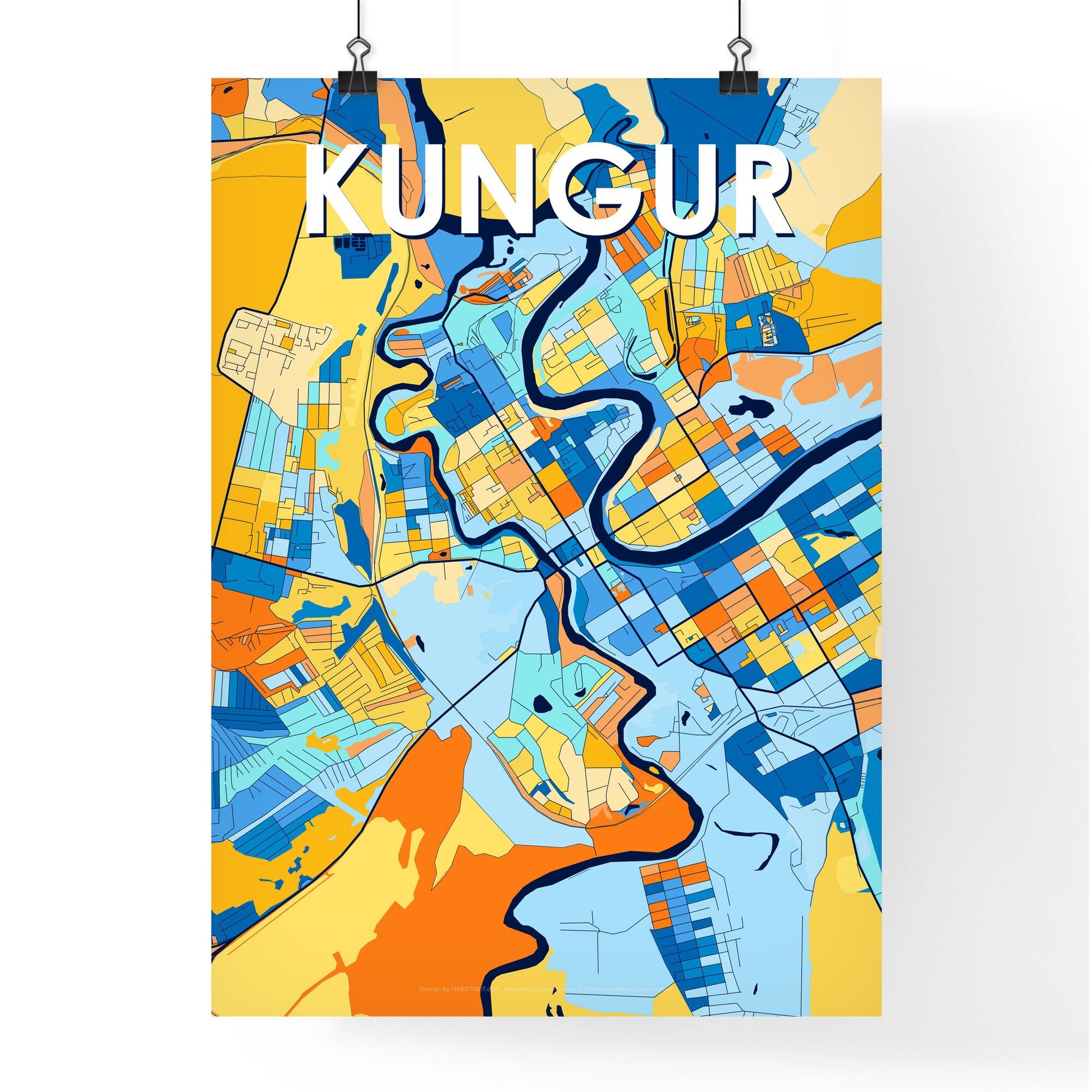 KUNGUR RUSSIA Vibrant Colorful Art Map Poster Blue Orange