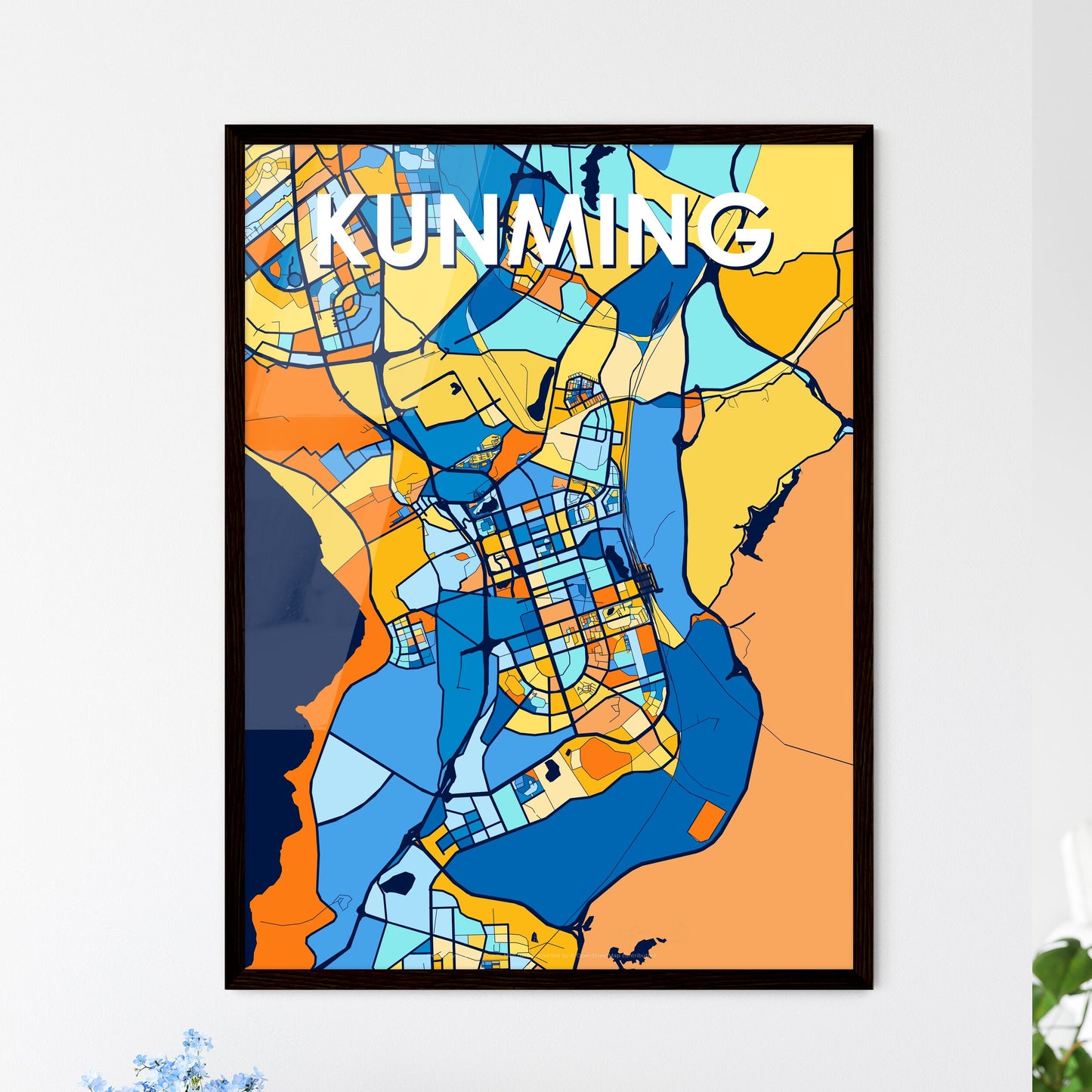 KUNMING CHINA Vibrant Colorful Art Map Poster Blue Orange