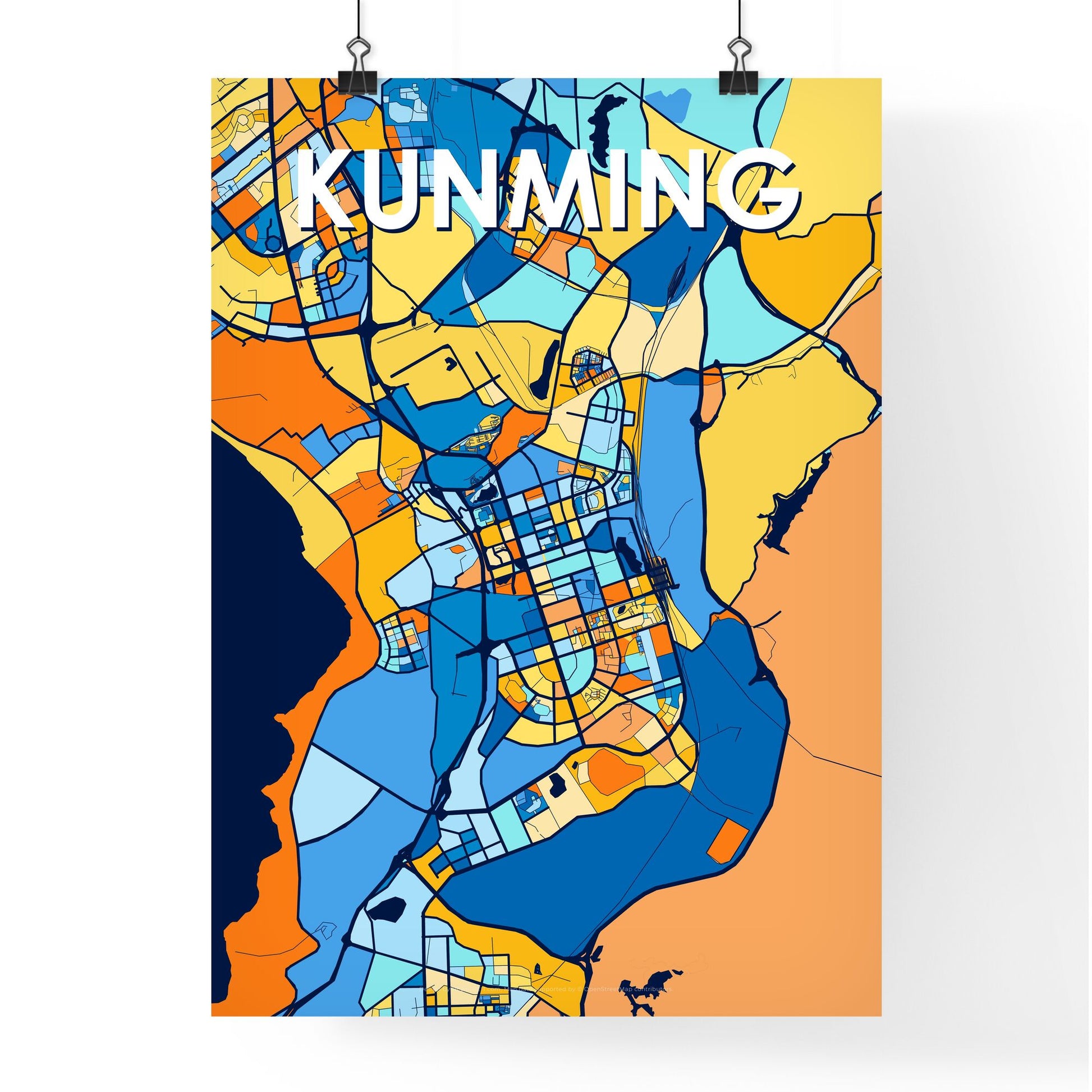 KUNMING CHINA Vibrant Colorful Art Map Poster Blue Orange