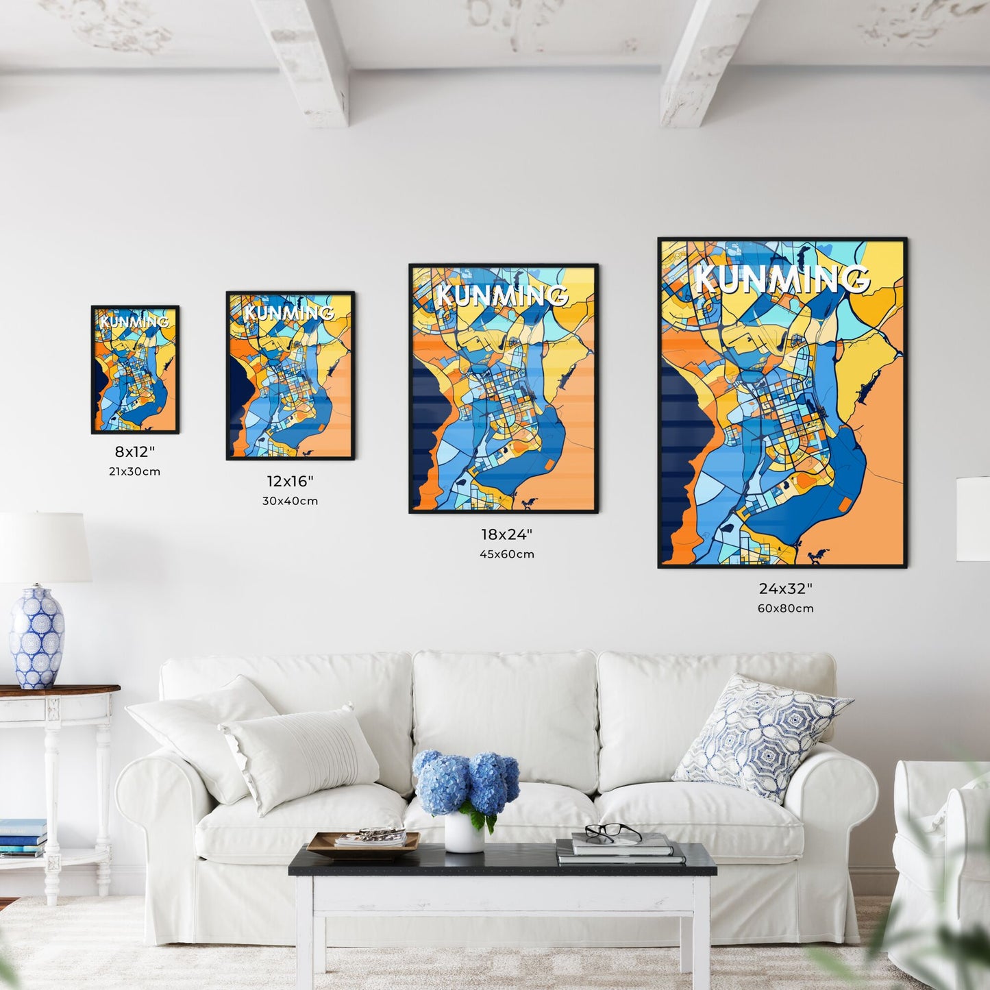 KUNMING CHINA Vibrant Colorful Art Map Poster Blue Orange