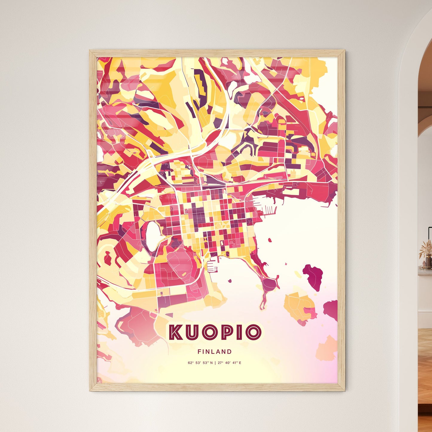 Colorful Kuopio Finland Fine Art Map Hot Red