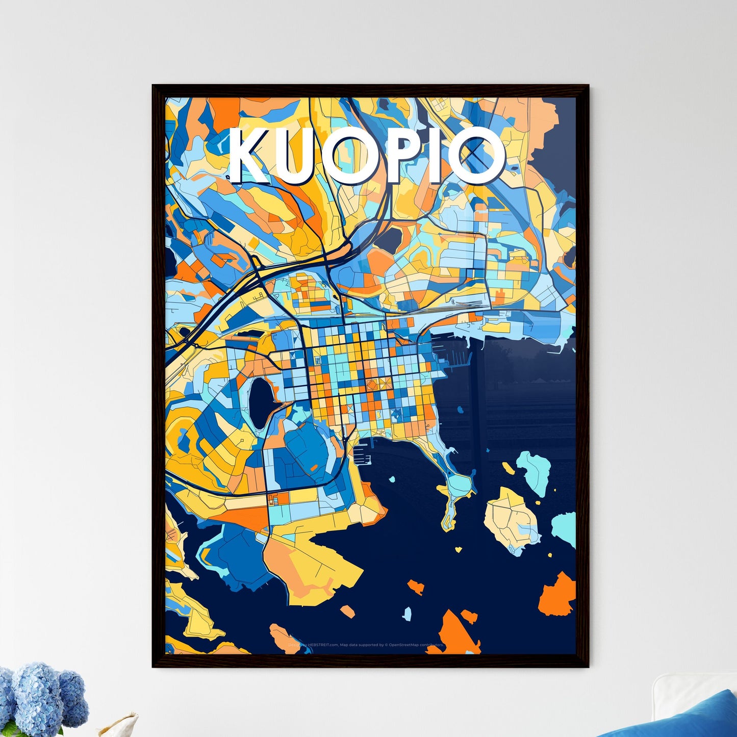 KUOPIO FINLAND Vibrant Colorful Art Map Poster Blue Orange