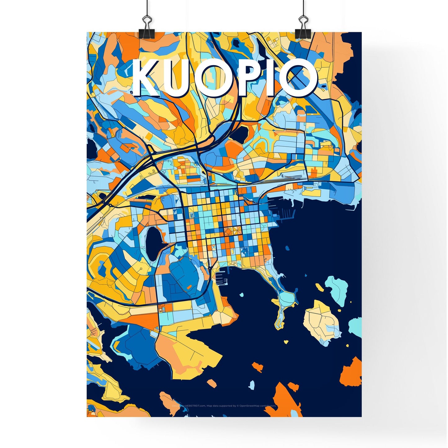 KUOPIO FINLAND Vibrant Colorful Art Map Poster Blue Orange