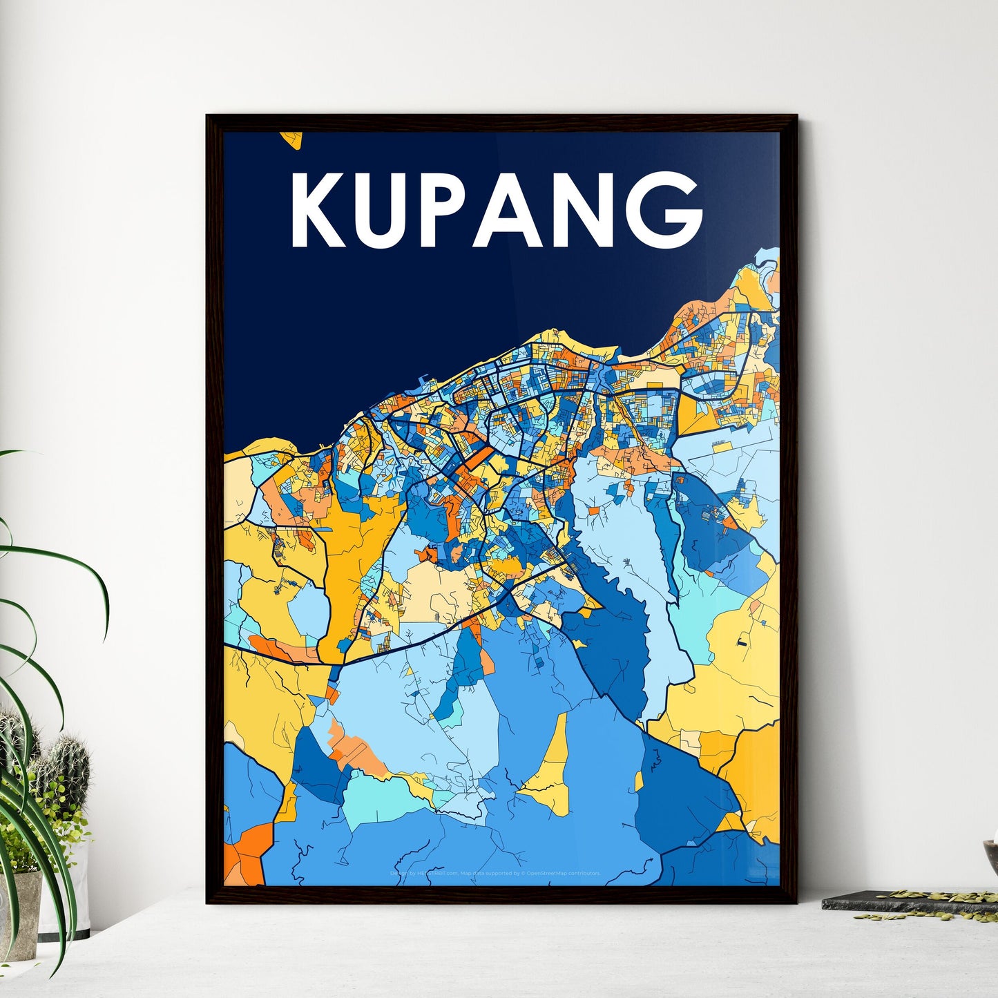 KUPANG INDONESIA Vibrant Colorful Art Map Poster Blue Orange