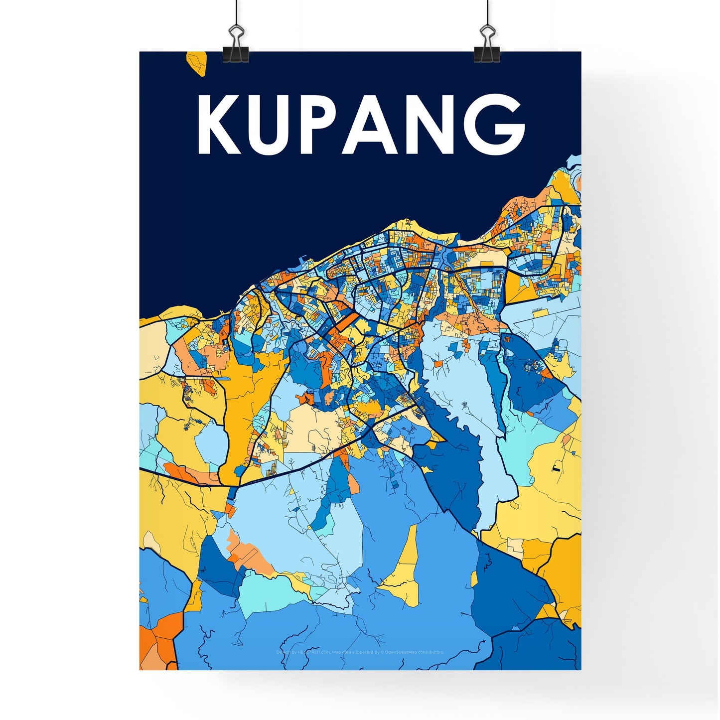 KUPANG INDONESIA Vibrant Colorful Art Map Poster Blue Orange