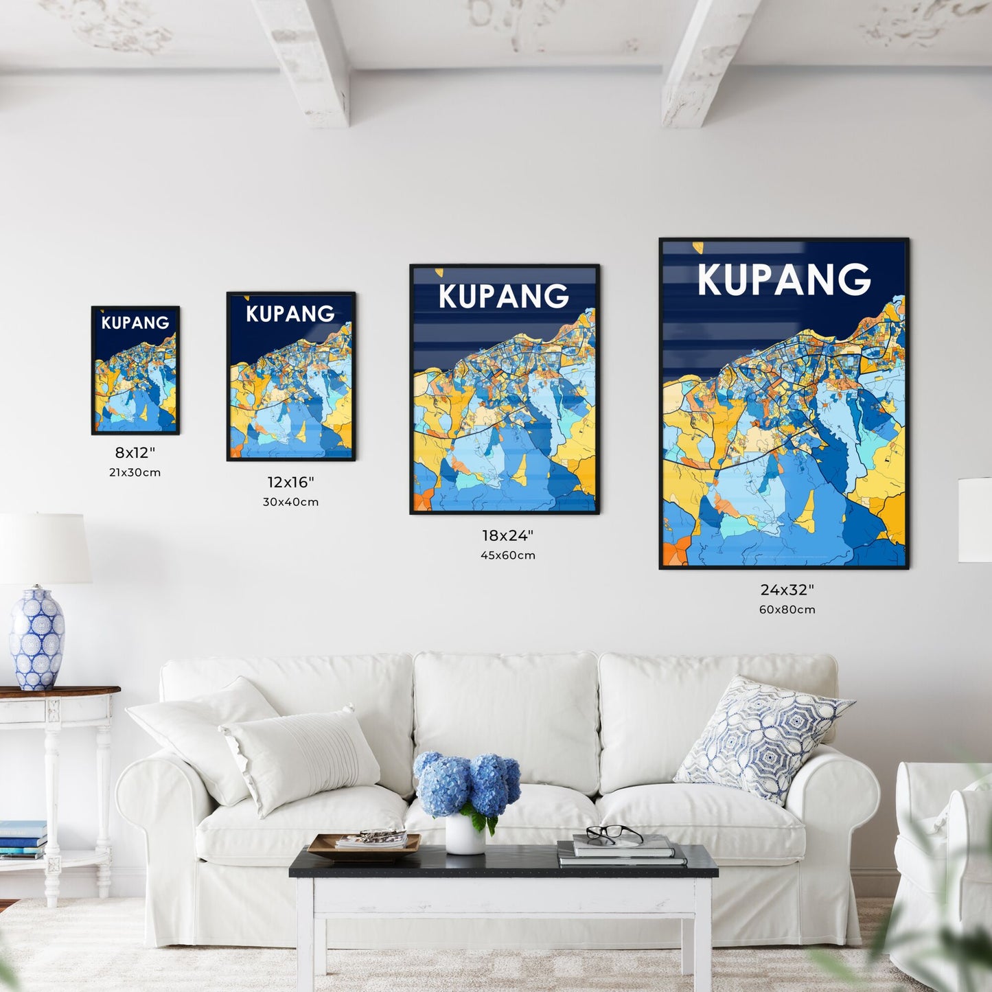 KUPANG INDONESIA Vibrant Colorful Art Map Poster Blue Orange