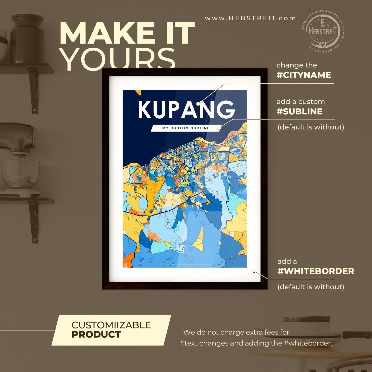 KUPANG INDONESIA Vibrant Colorful Art Map Poster Blue Orange