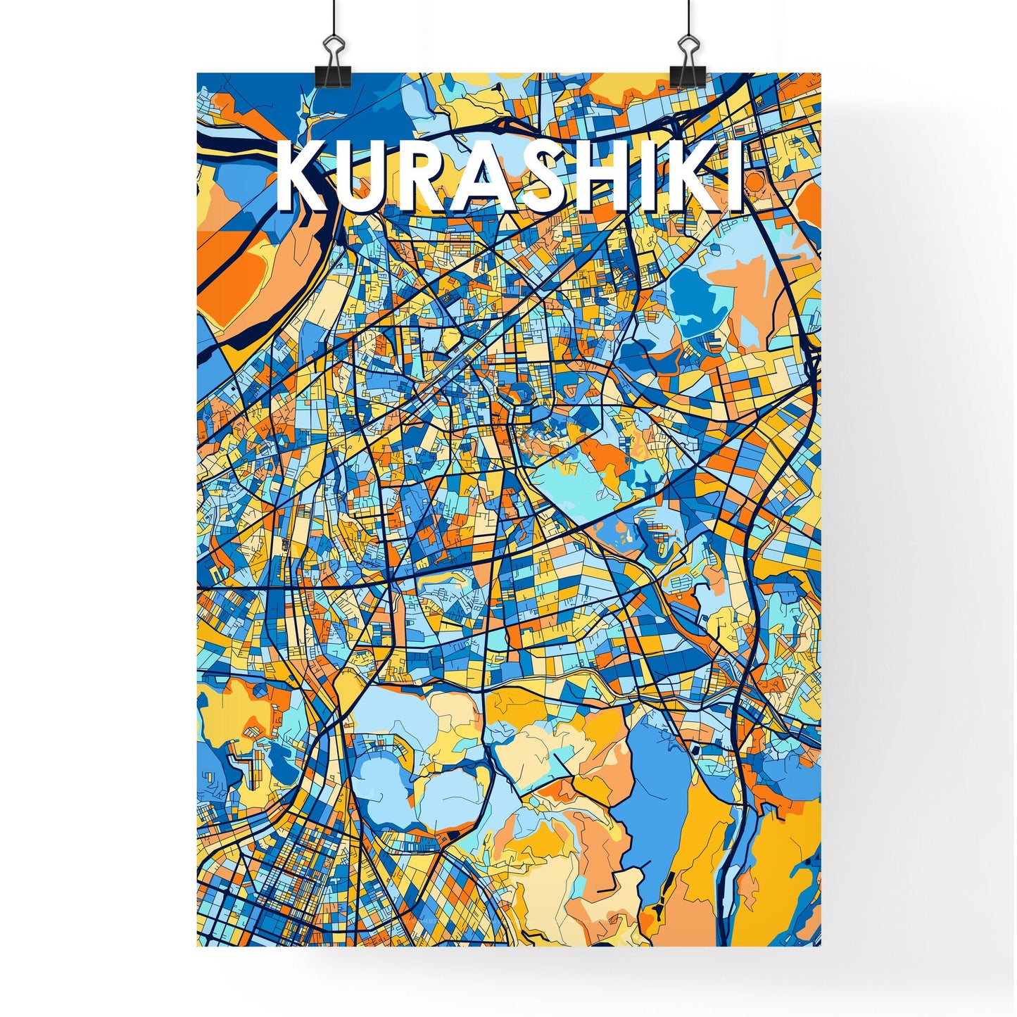 KURASHIKI JAPAN Vibrant Colorful Art Map Poster Blue Orange