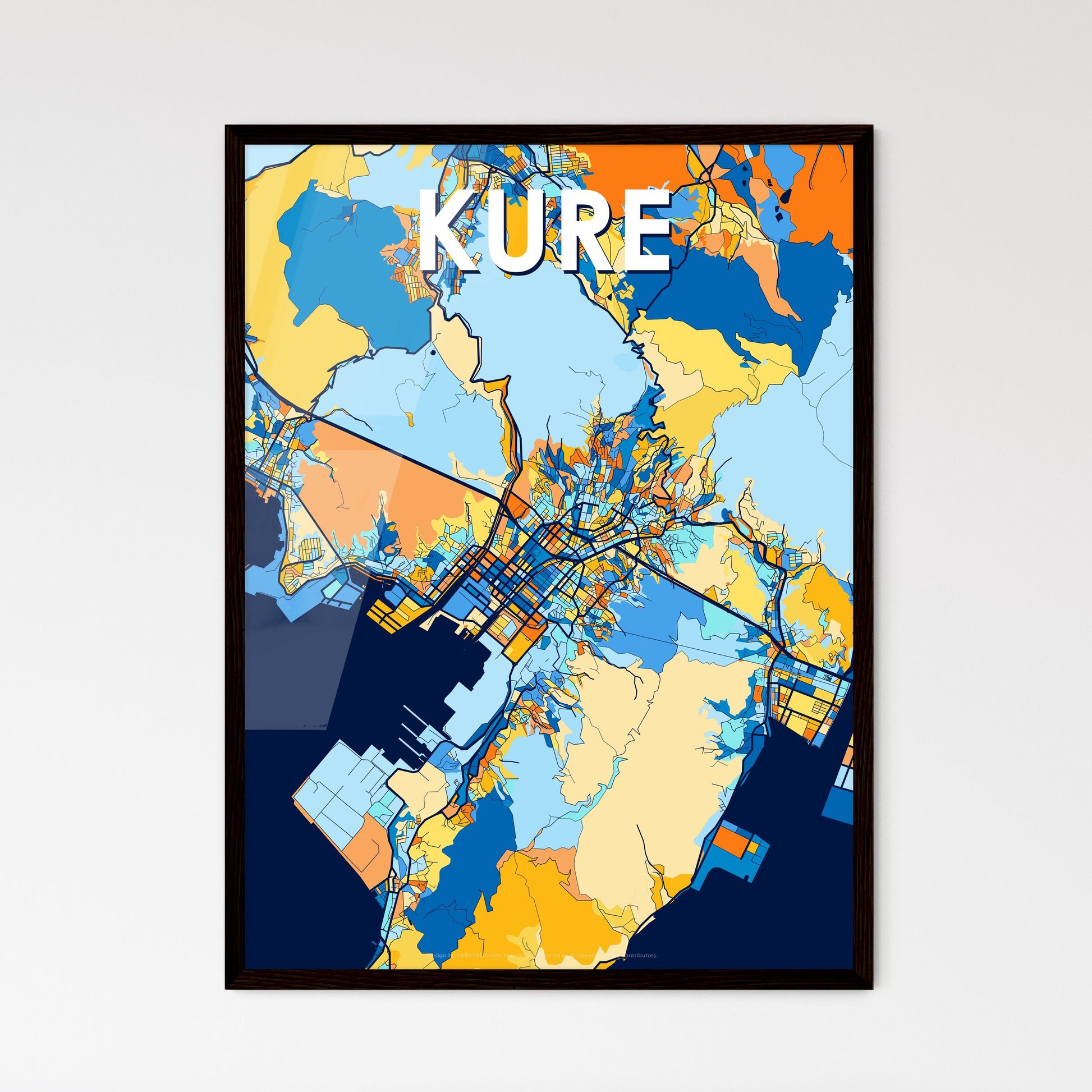 KURE JAPAN Vibrant Colorful Art Map Poster Blue Orange