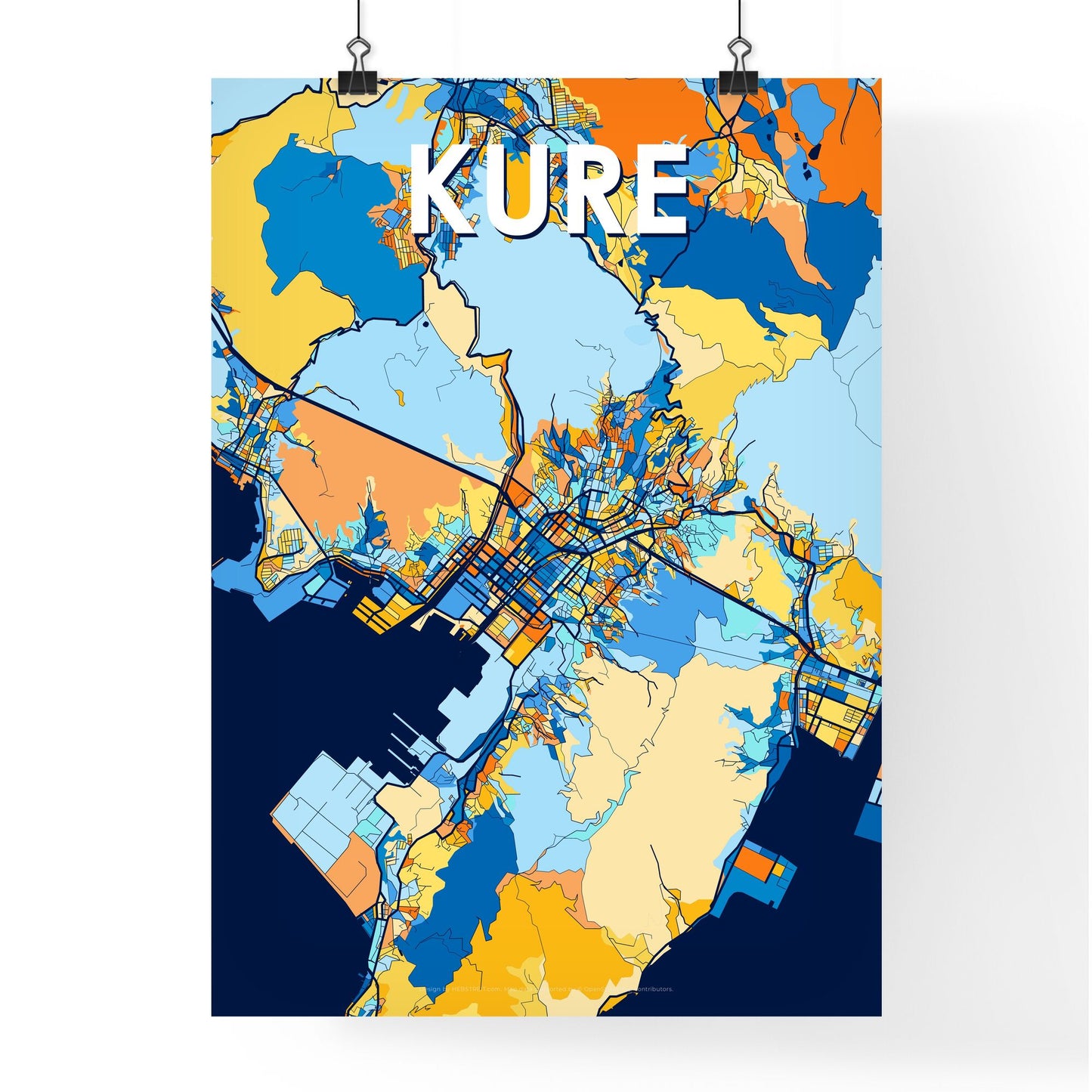 KURE JAPAN Vibrant Colorful Art Map Poster Blue Orange